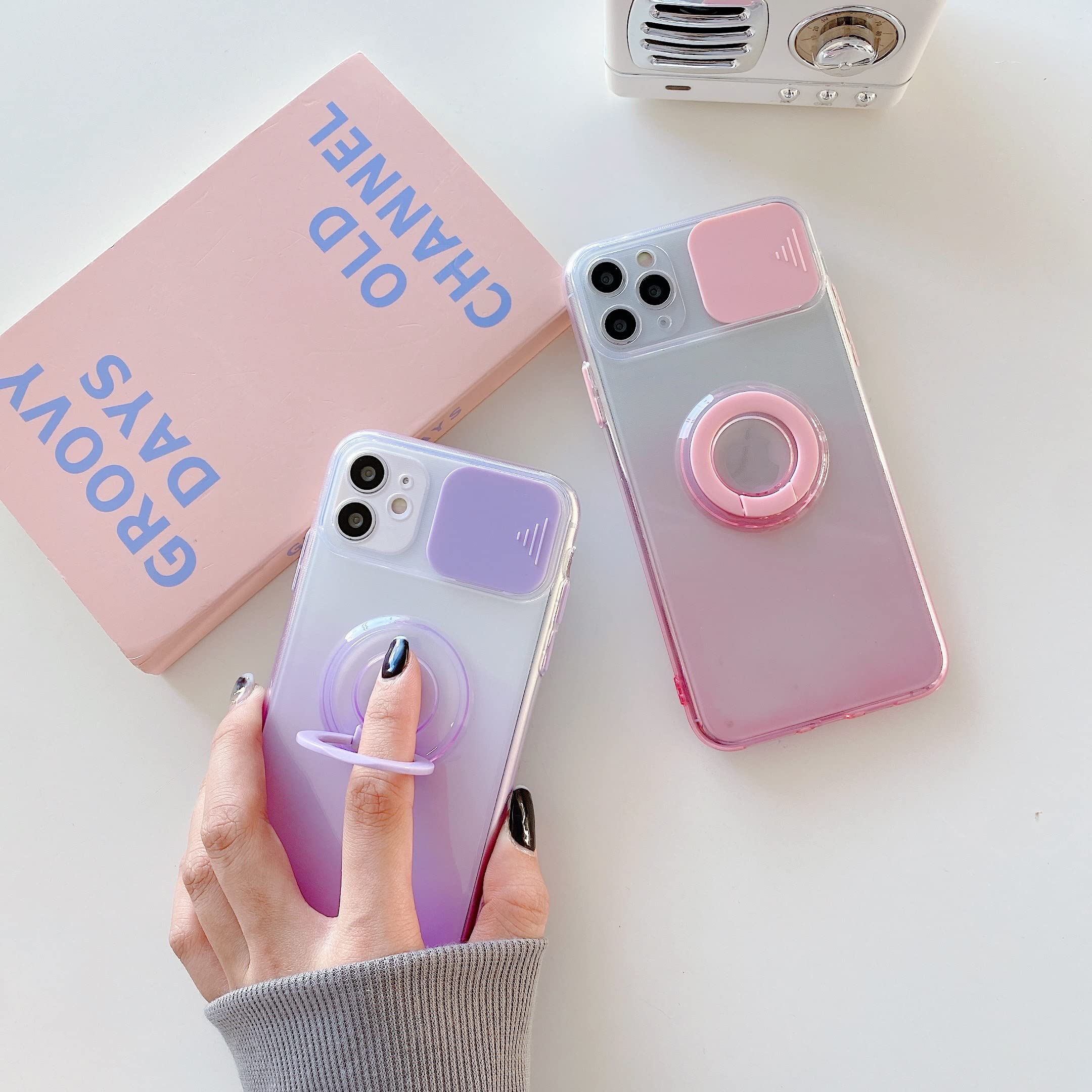 Gradient Color Crystal Case for iPhone 11 Pro Max - Soft TPU Silicone Shockproof Cover with Ring Holder, Slide Camera Lens Protection & Stand | Stylish Protective Phone Case for Everyday Use, Work & Travel
