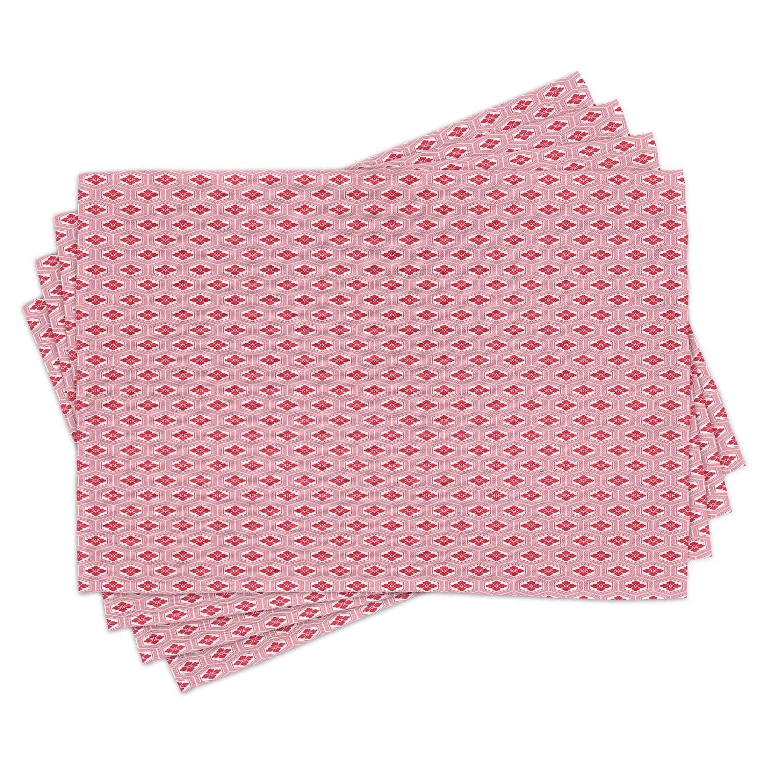 Ambesonne Rose Place Mats Set of 4 - Traditional Japanese Rhombus Pattern Floral Kimono Design Washable Fabric Placemats for Dining Table & Kitchen Decor in Dark Coral Rose & White - Perfect for Dinner Parties, Holiday Gatherings & Asian-Inspired Home Styling