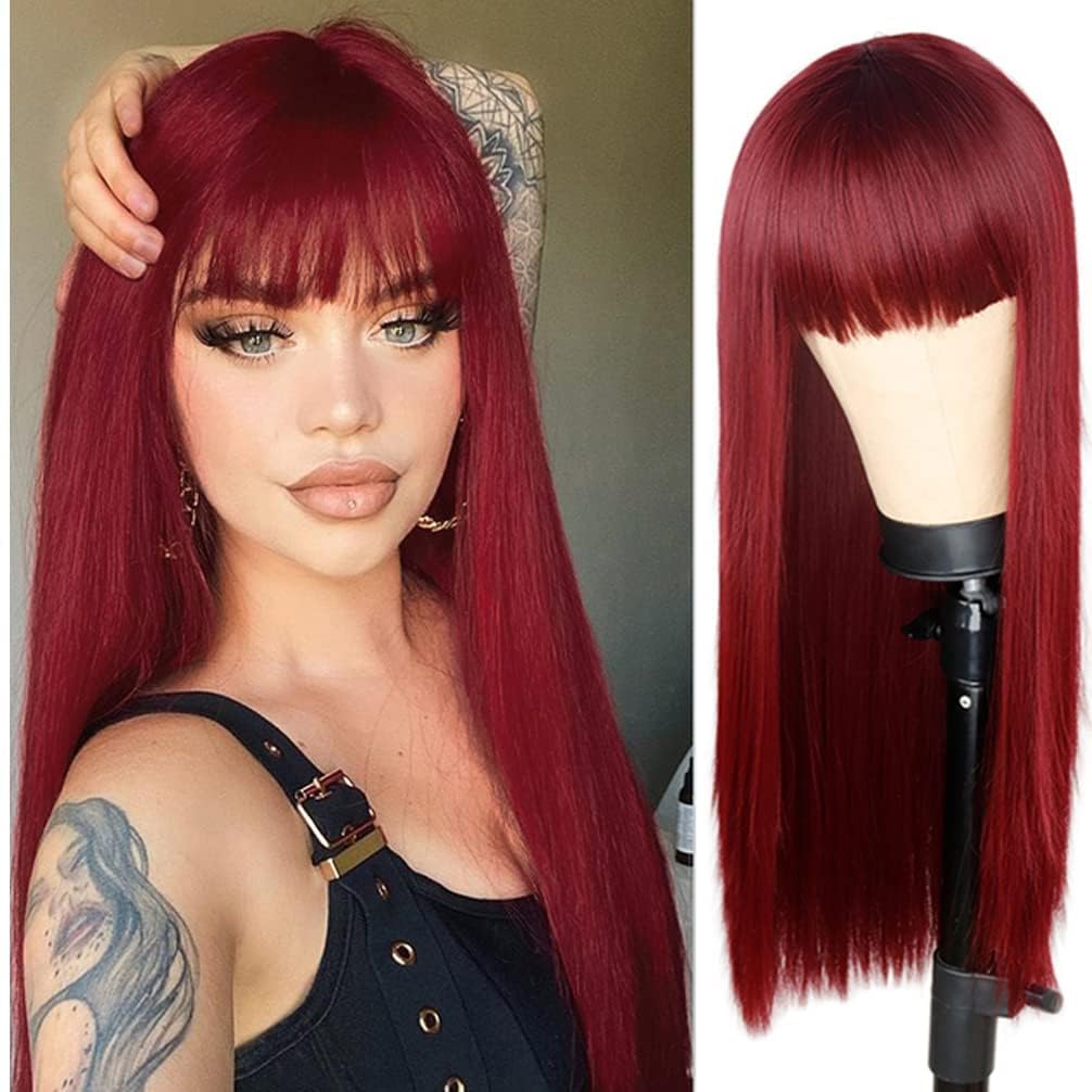 RightOn Long Straight Red Wig with Bangs - Wine Red Full Machine-Made Synthetic Wig for Cosplay, Halloween, Parties & Daily Wear | Heat Resistant & Natural Look