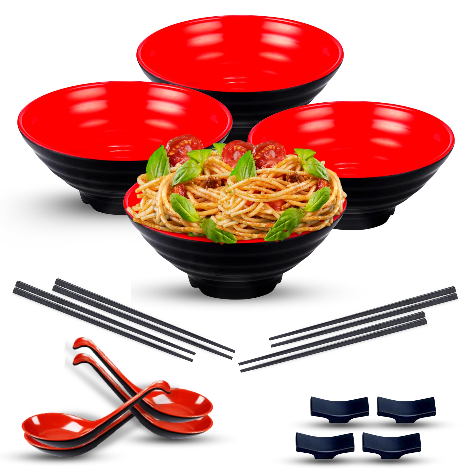 4-Piece Large Melamine Ramen Bowl Set - 32oz Japanese Noodle Bowls with Spoons & Chopsticks for Pho, Rice, Salad & Soup - Perfect for Asian Cuisine, Home Dining & Restaurant Use