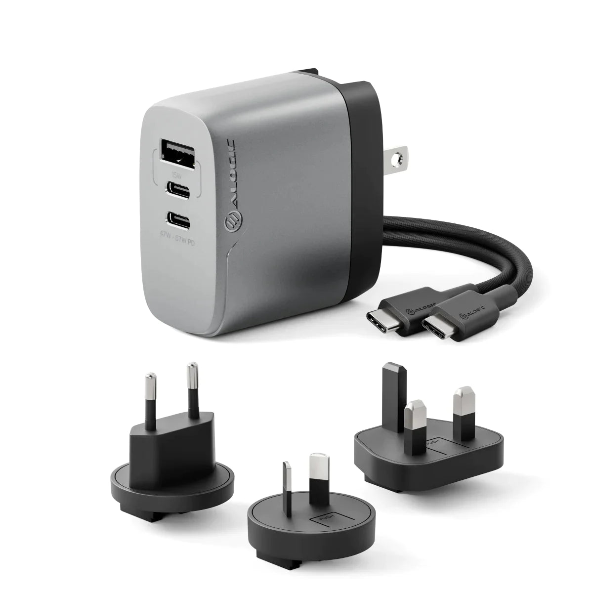 67W GaN Fast Charger with 3 Ports - Universal Travel Adapter for USA, UK, EU, AU - Perfect for Laptops, Phones & Tablets While Traveling or at Home