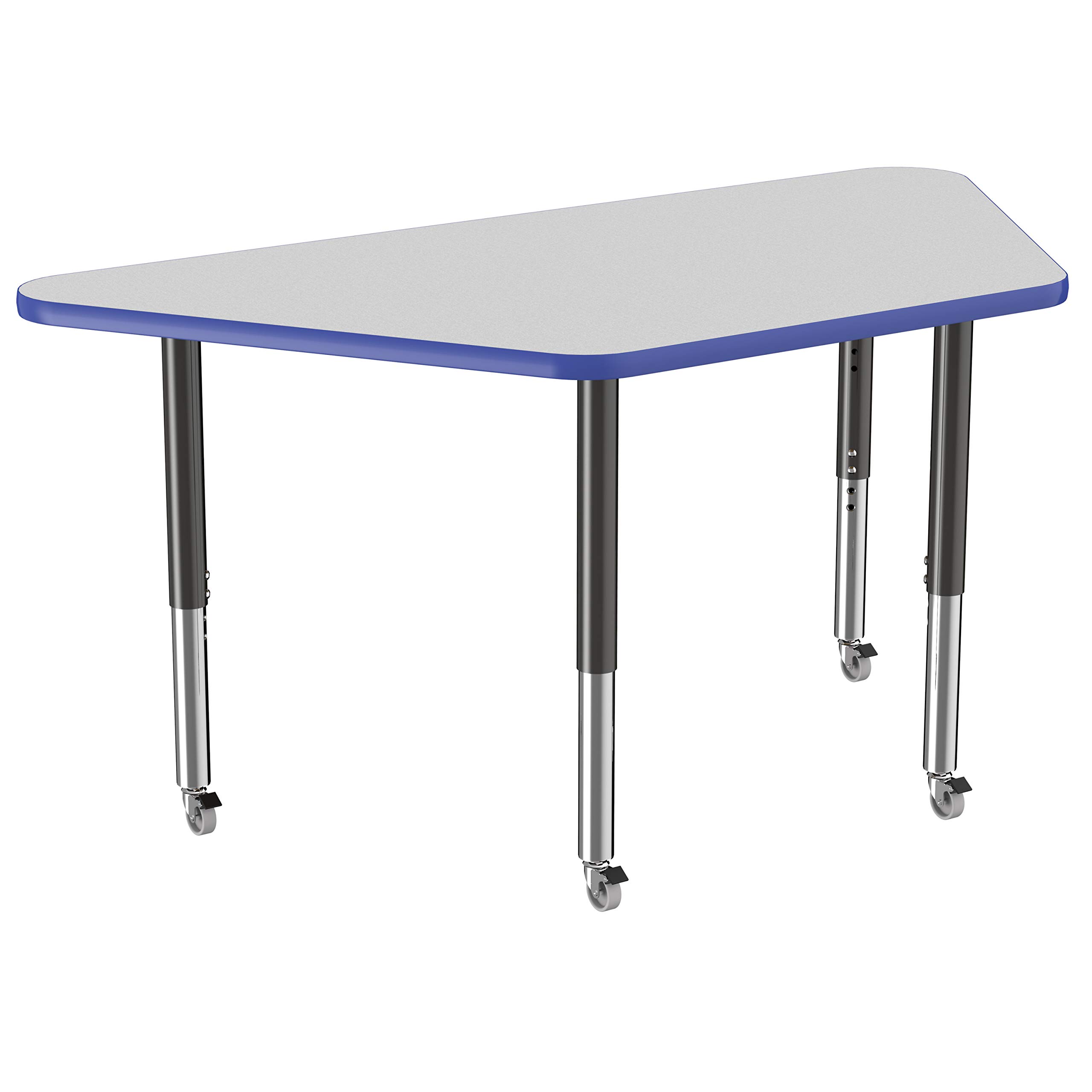 FDP Adjustable Height Mobile Trapezoid Activity Table - 30 x 60 Inch School & Office Desk with Casters, Gray Top & Blue Edge for Collaborative Workspaces | Perfect for Classrooms, Meeting Rooms & Coworking Spaces