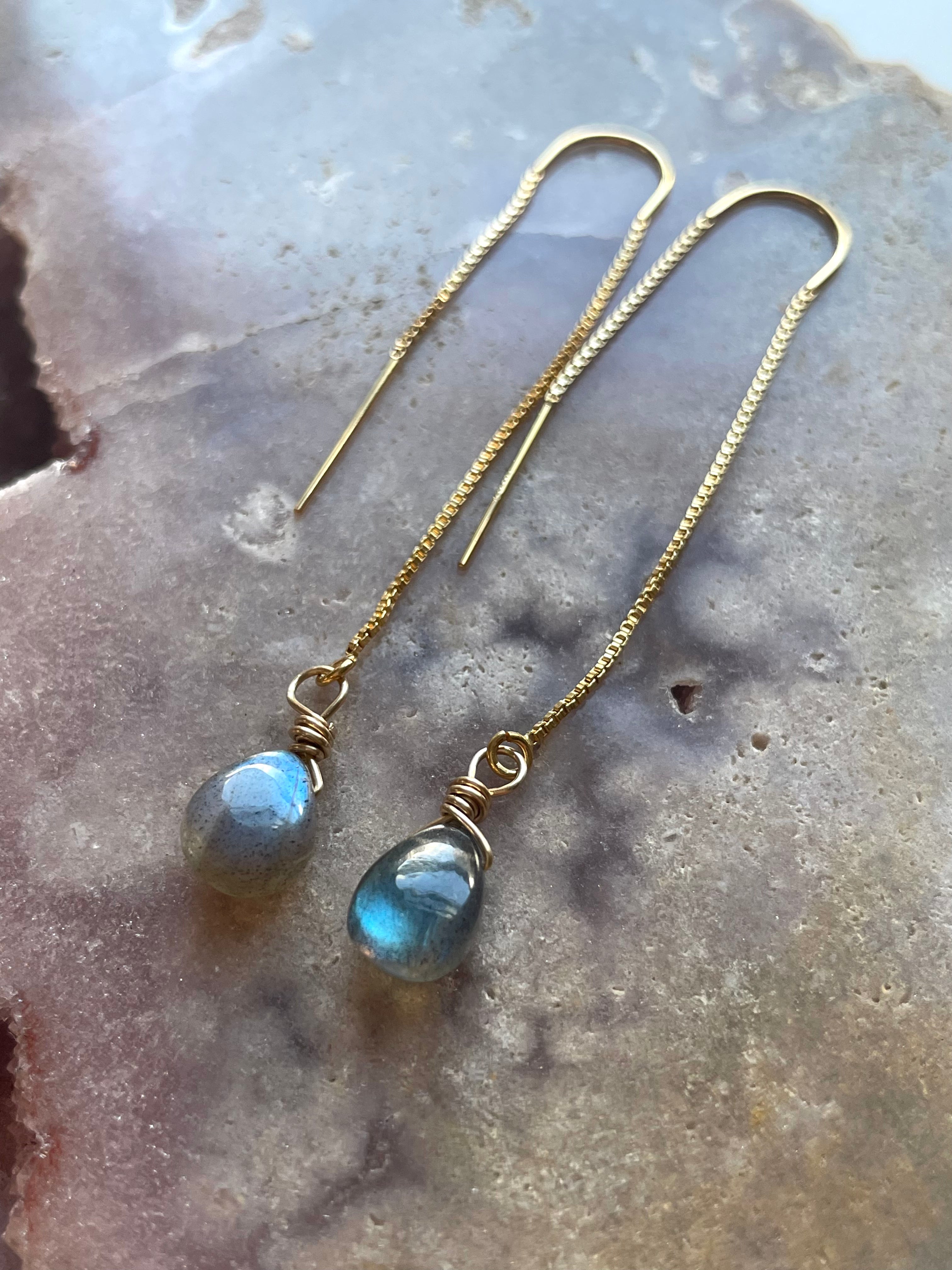 Tiny Labradorite Drop Threader Earrings - Dainty Gemstone Studs for Women | Perfect for Everyday Wear, Gifts & Boho Jewelry