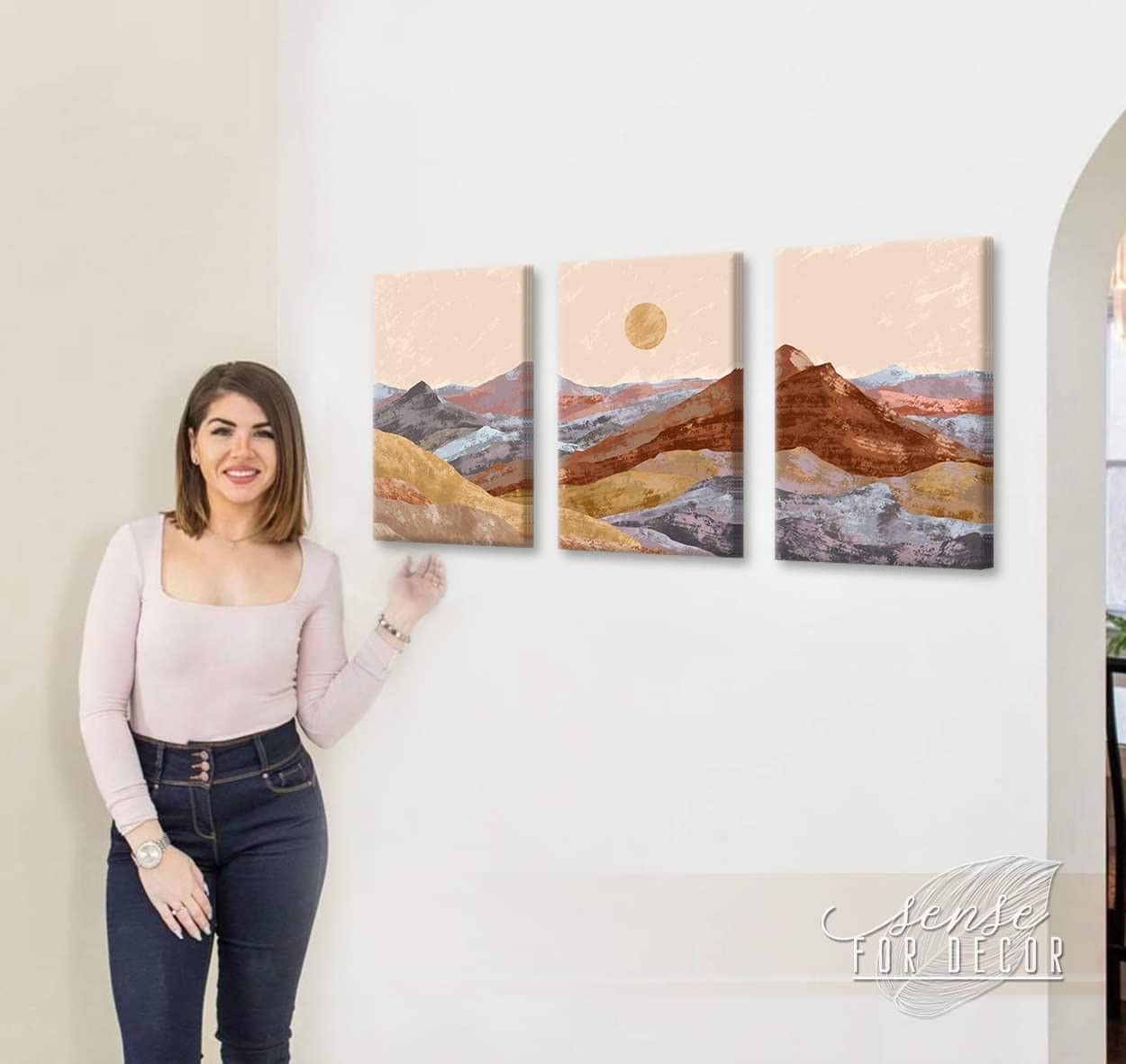 Set of 3 Framed Mountain Wall Art Paintings - Nature Landscape Decor for Living Room, Bedroom | Abstract Geometric Sun & Moon Design | Modern Home Decor (24x36 Inches)