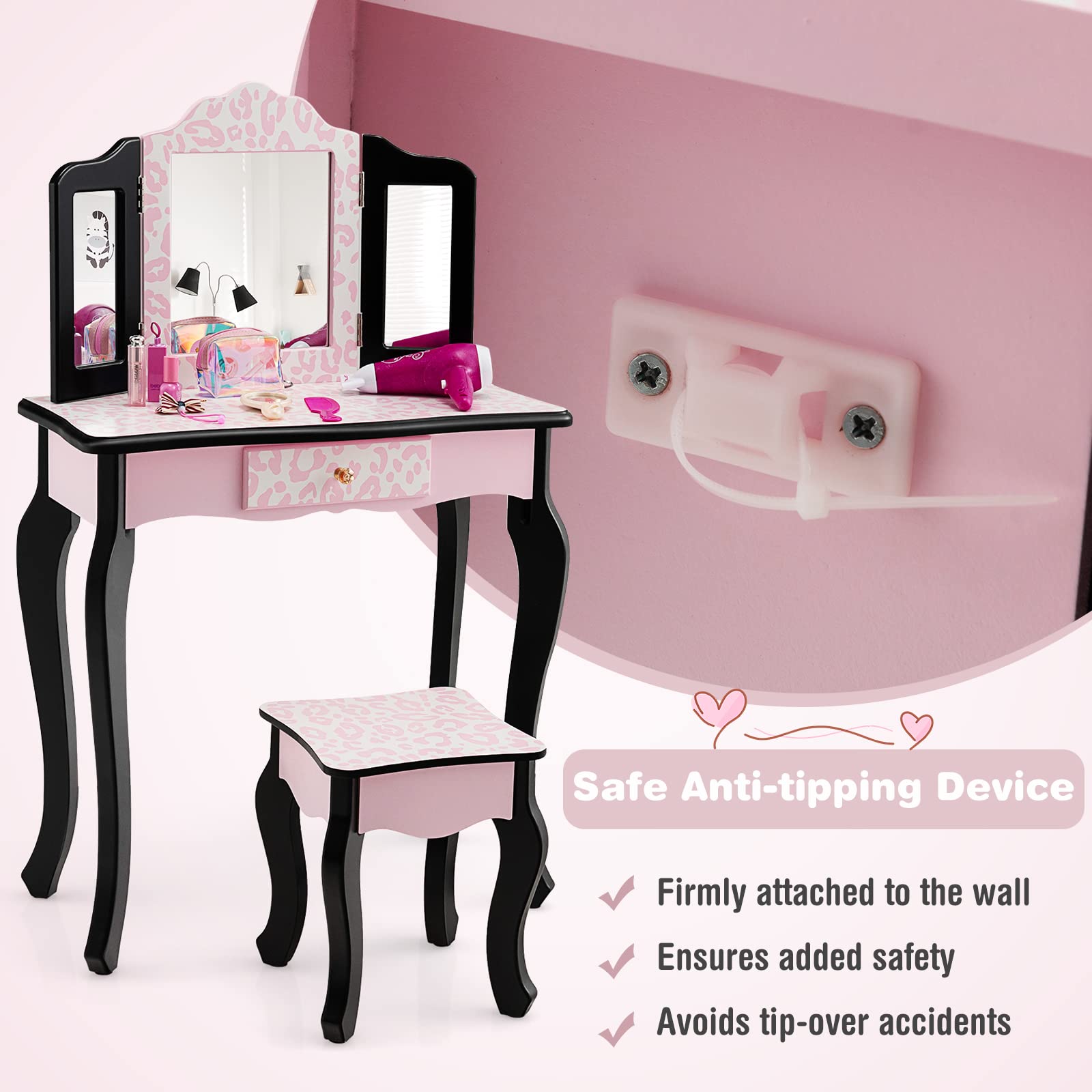 Honey Joy Kids Vanity Set with Mirror & Stool - Pink Leopard for Girls Bedroom
