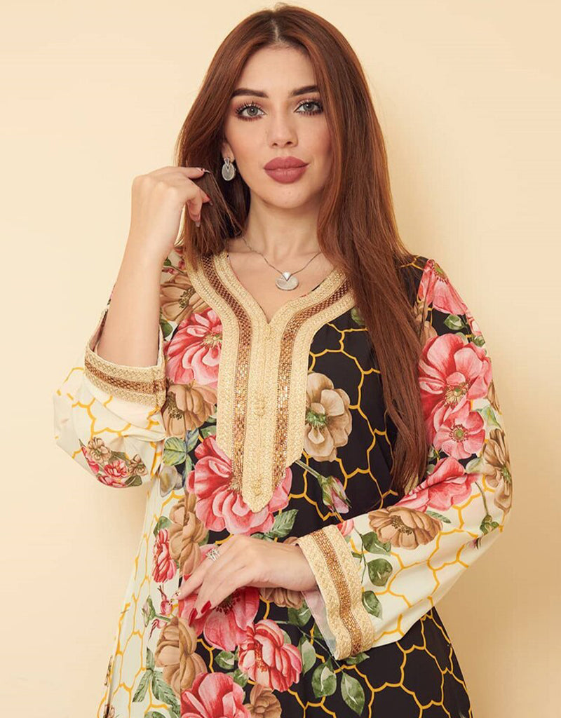 Elegant Floral Print Long Arabic Dress for Women - Boho Maxi Dress with Beading Details - Perfect for Parties, Weddings & Special Occasions
