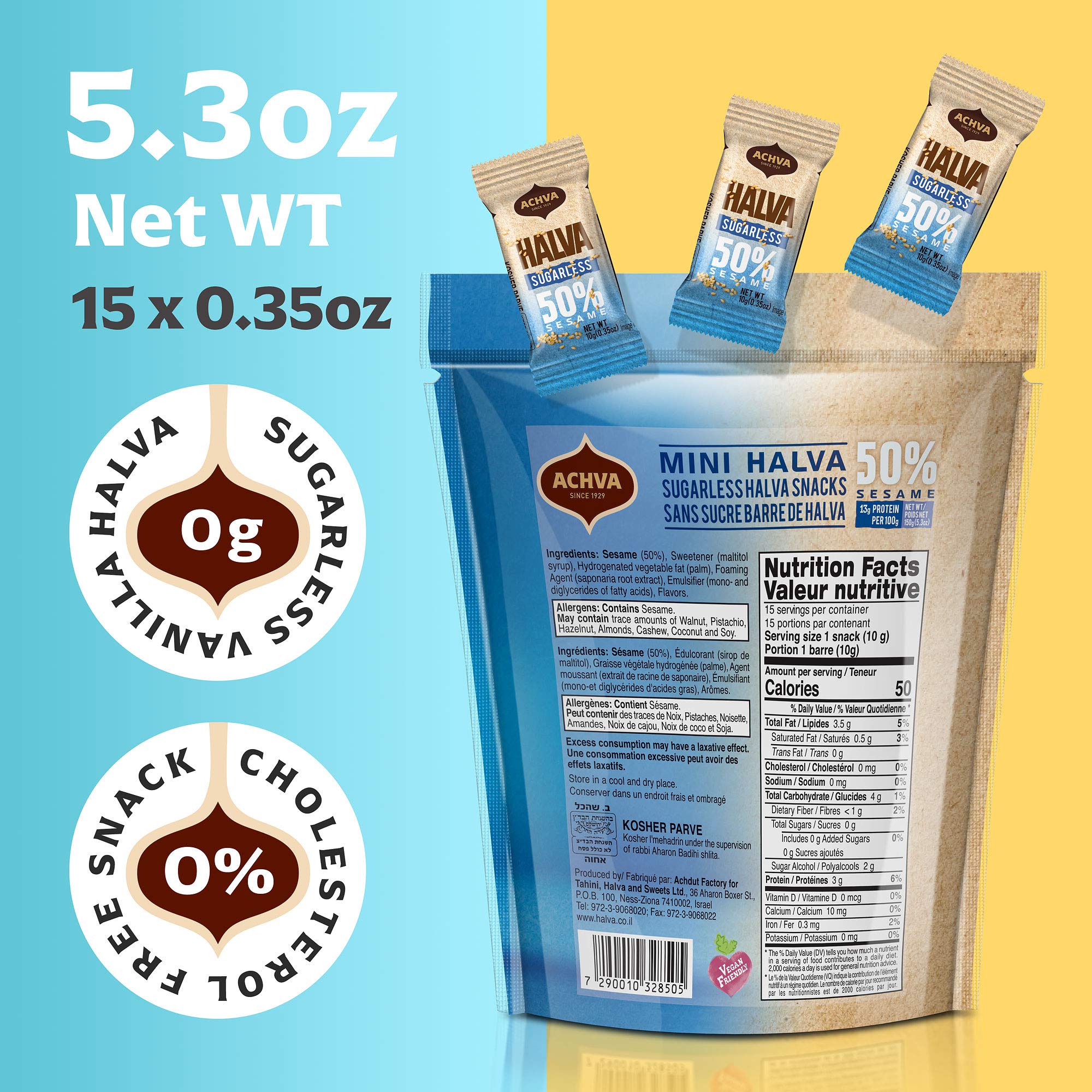 Sugar-Free Halva Tahini Bar Mini Snacks - 15-Pack Vanilla Flavor Halvah Bites | Vegan, Gluten-Free, Kosher, Lactose-Free Snacks by Achva (12g Each) | Perfect for On-the-Go, Office Snacks & Healthy Desserts