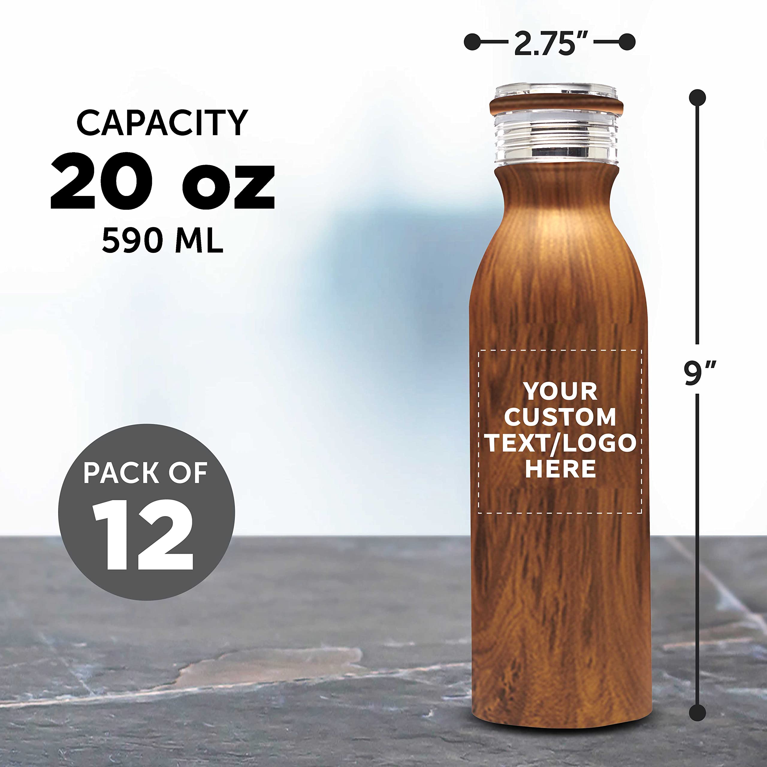 Echo 20 oz Custom Stainless Steel Water Bottles - Set of 12 Bulk Pack, Double Wall Insulated for Hot & Cold Drinks - Personalized Engraving, Ideal for Office, Gym, Camping & Outdoor Activities