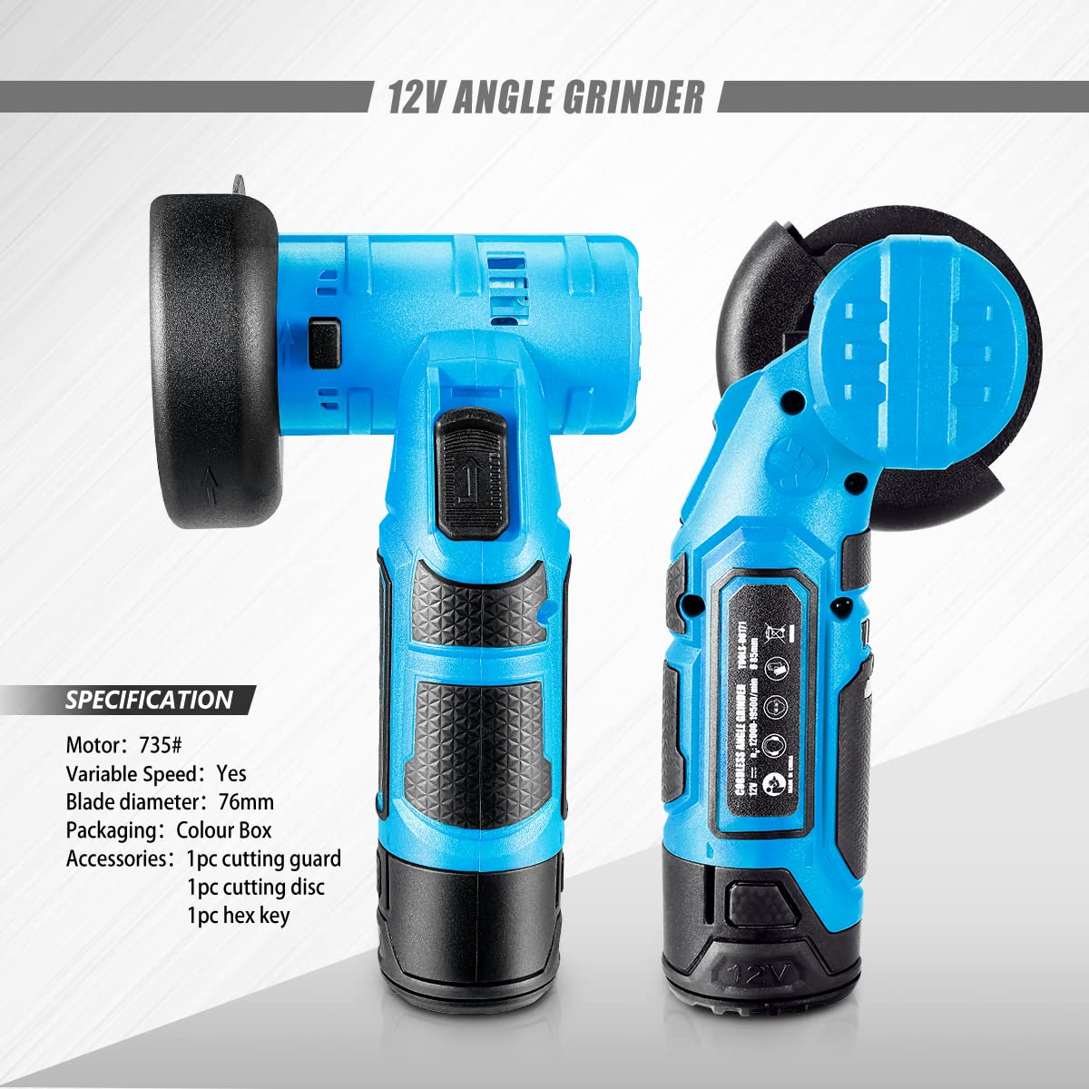 DNA MOTORING 12V Cordless Angle Grinder - Variable Speed with Spindle Lock, Dry Cutting & Rough Grinding Power Tool (Blue, Battery Not Included) - Perfect for Metalworking, Wood Carving & DIY Home Projects