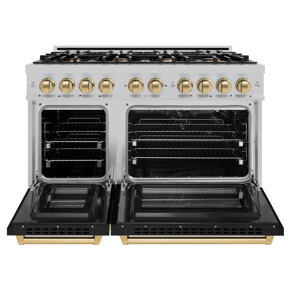 ZLINE Autograph Edition 48-Inch 6.7 cu. ft. Professional Double Oven Gas Range with 8-Burner Cooktop - Satin Stainless Steel, Black Matte Doors & Champagne Bronze Accents (HGRSZ BLM 48 CB) - Ideal for Gourmet Cooking, Large Family Meals & Modern Kitchen Design