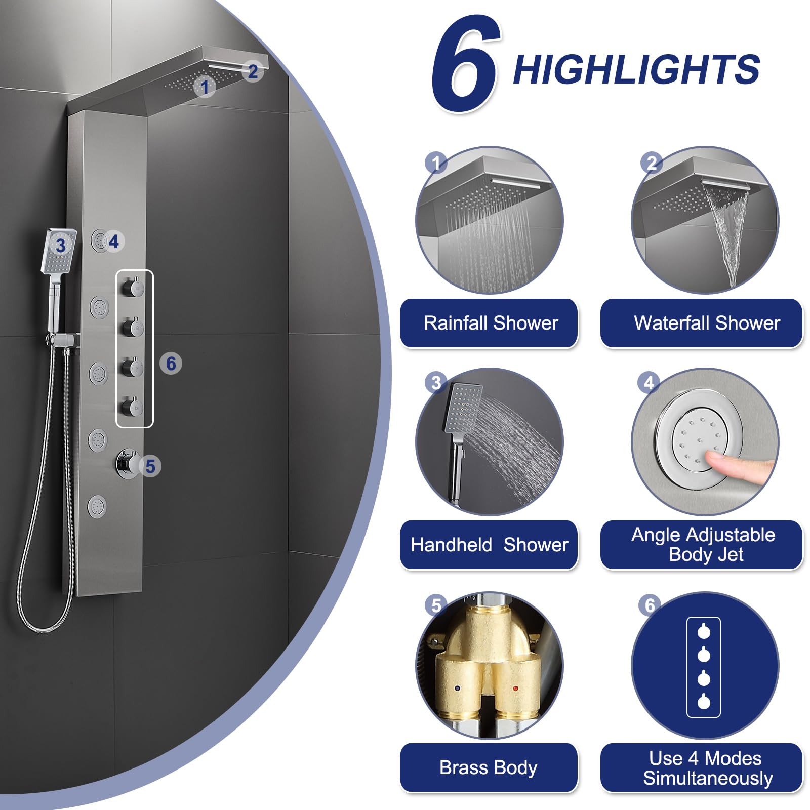 ROVATE Rainfall Waterfall Shower Tower Panel System - 304 Stainless Steel Bathroom Shower Panel with 5 Body Jets & 3 Handheld Shower Heads - Wall Mounted Shower Column with Brushed Finish - Perfect for Spa-Like Luxury Bathroom Experience