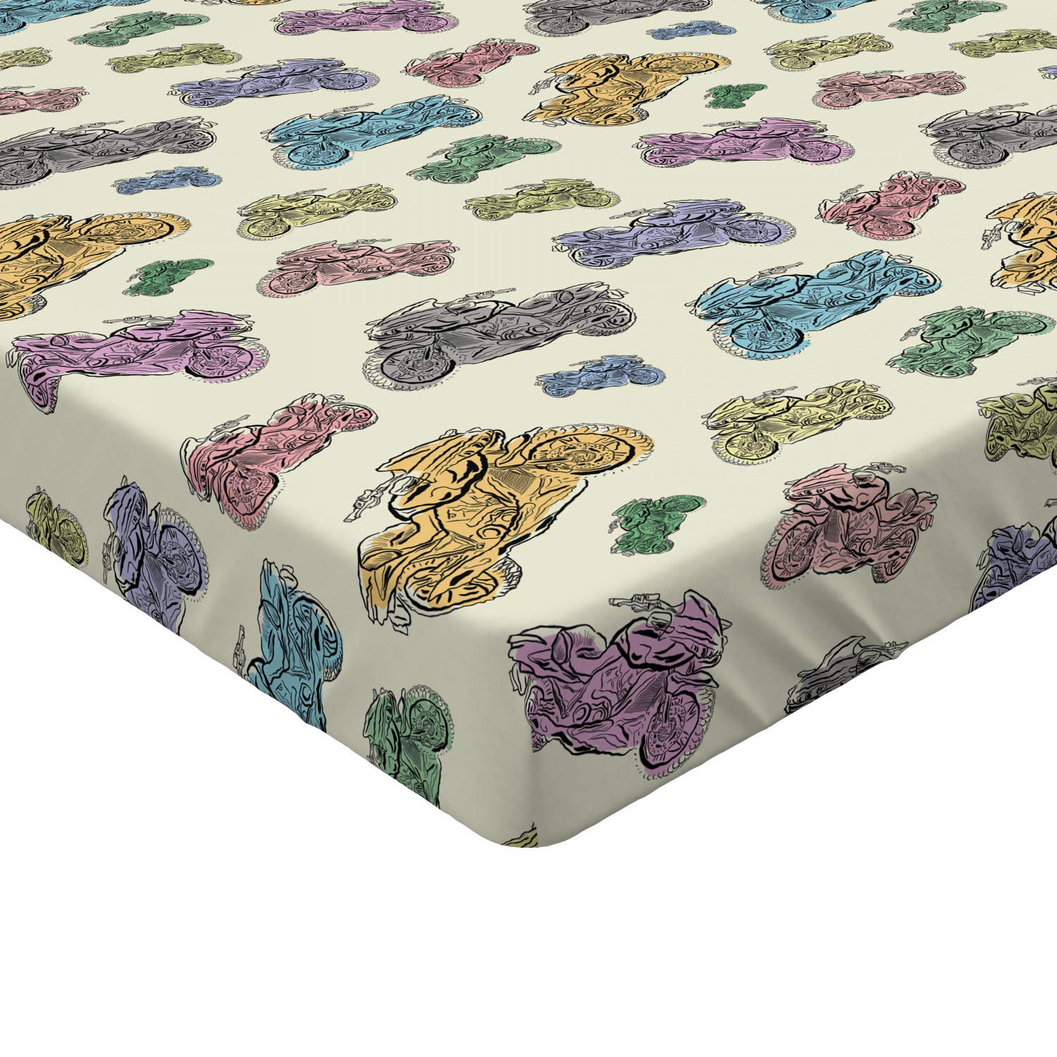 Ambesonne Motorcycle Fitted Sheet - Pastel Racing Motorbike Sketch Cartoon Design, Deep Pocket Elastic Twin Size Bed Sheet for Comfort - Perfect for Kids' Rooms, Motorcycle Enthusiasts & Themed Bedrooms