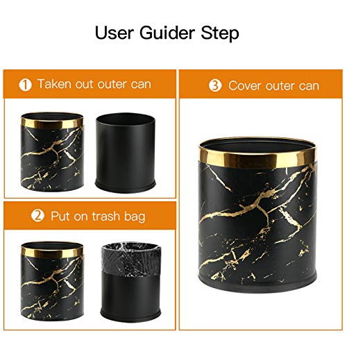 2.6 Gallon Small Office Trash Can with Lid - Black Gold Marble Bathroom & Bedroom Waste Basket - Invisible Garbage Bin for Living Room, Kitchen, Dorm - Odor Control & Space Saving Design