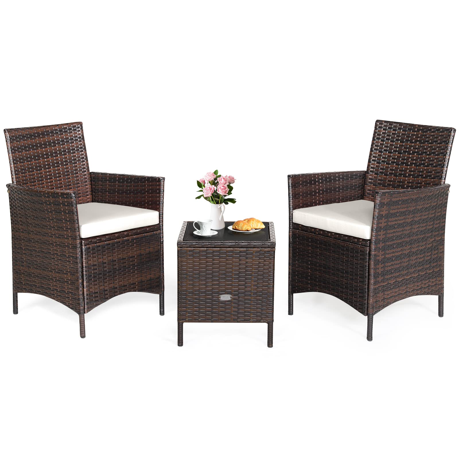 HAPPYGRILL 3-Piece Outdoor Patio Furniture Set - Rattan Wicker Conversation Set with Coffee Table & Soft Cushions for Garden, Lawn, Poolside, Backyard - Perfect for Relaxing, Entertaining, and Outdoor Dining