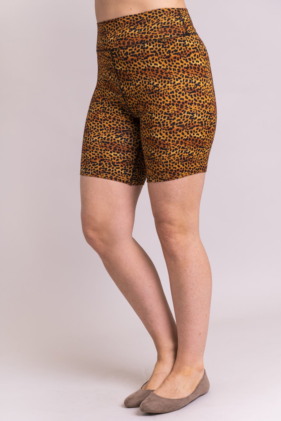 Hallie Shorts - Golden Cheetah Print Bamboo Fabric Women's Athletic Shorts for Yoga, Running & Lounge Wear