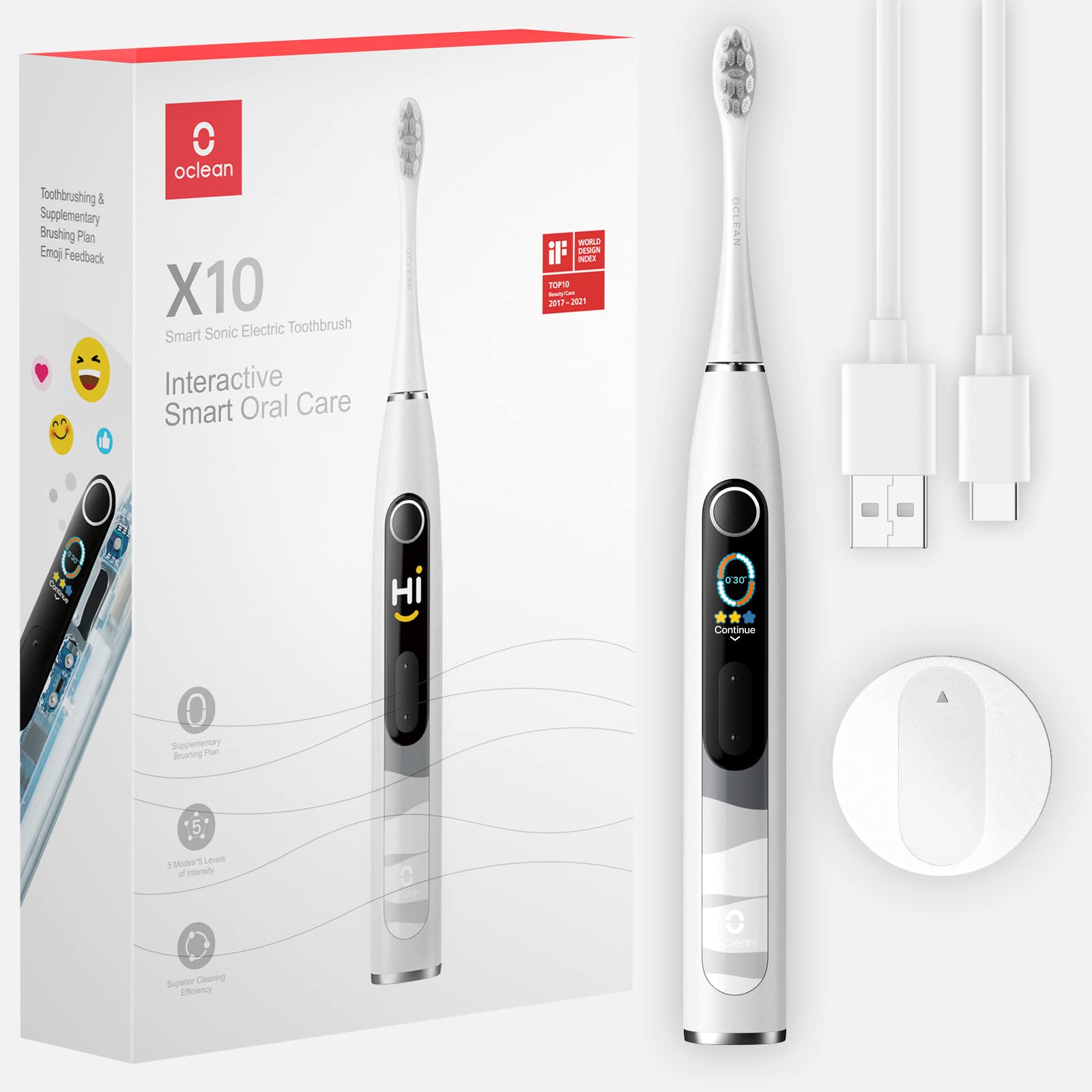 Oclean X10 Smart Sonic Electric Toothbrush - Rechargeable Toothbrush with Color Display, 5 Brushing Modes & 5 Intensity Levels, 40000 RPM Maglev Motor, Visual Feedback & Smart Timer - Perfect for Travel & Home Oral Care (Gray)