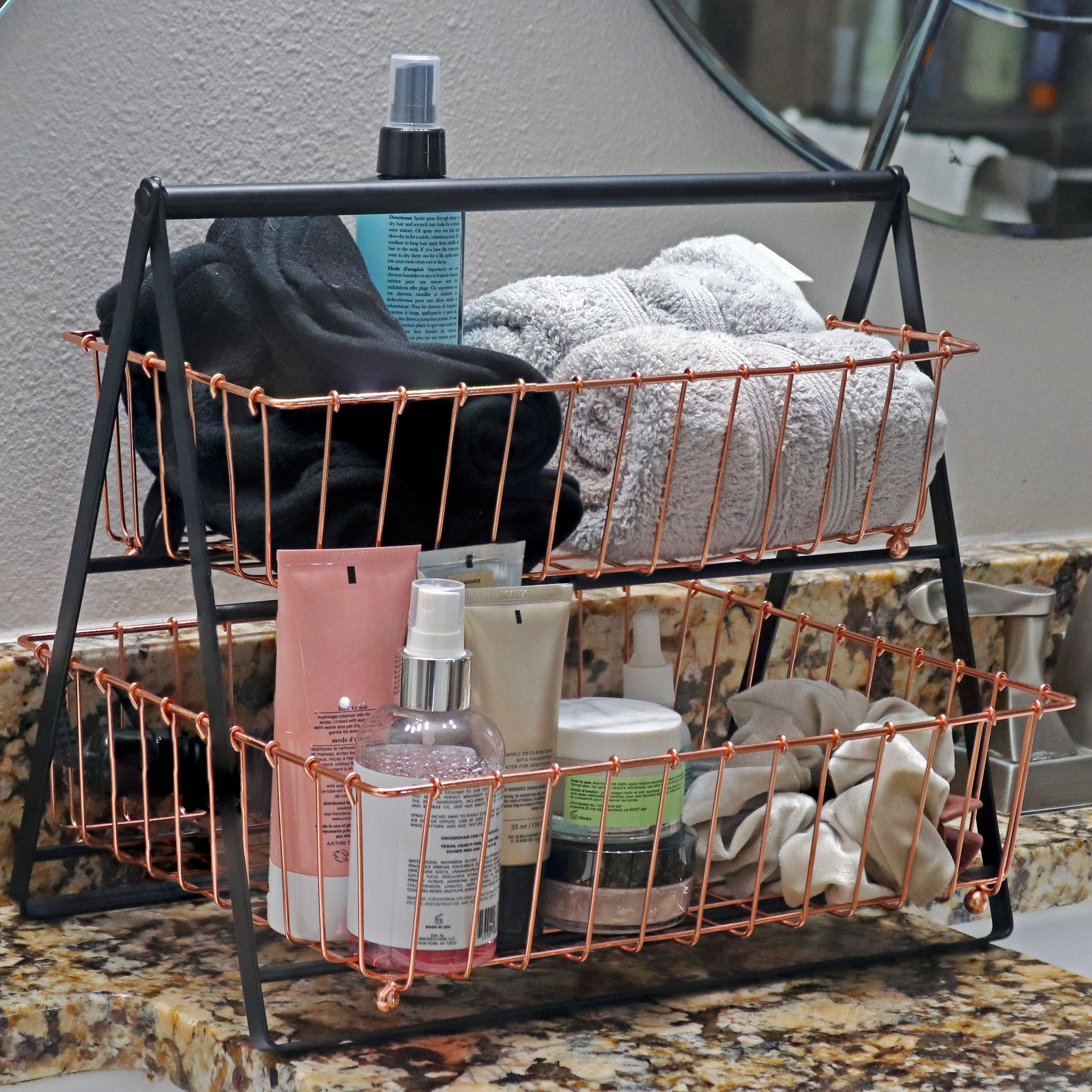 Sunnydaze 2 Tier Metal Fruit Basket with Handle - Rustic Copper Countertop Organizer for Kitchen, Dining Table, or Pantry Storage