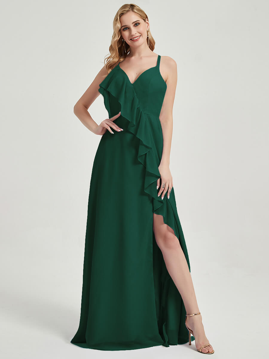 Elegant Emerald Green Chiffon Bridesmaid Dress with Criss Cross Straps, Ruffles & High Slit - Perfect for Weddings, Parties & Formal Events