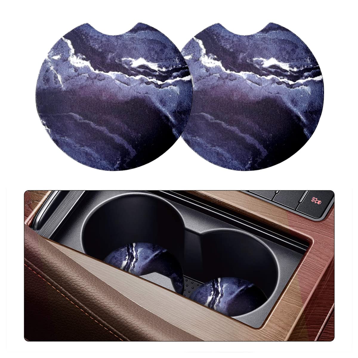 2 Pack Absorbent Car Coasters for Drinks - 2.75 Inch Cute Blue Marble Cup Holder Coasters for Women & Girls, Removable Car Interior Accessories for Coffee, Tea, and Beverages