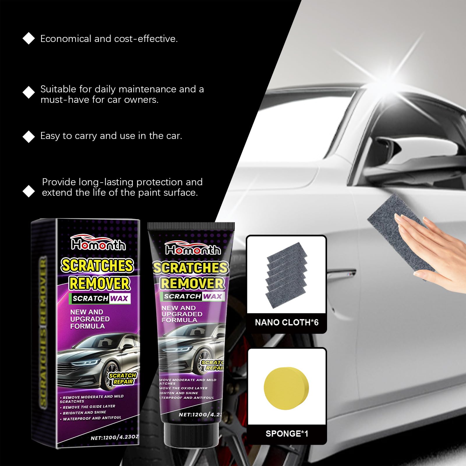 Nano Cloth Car Scratch Remover Kit - Professional Scratch Repair Wax & Microfiber Pads for Car Paint Restoration - Perfect for DIY Auto Detailing, Removing Swirl Marks & Light Scratches (1-Pack)