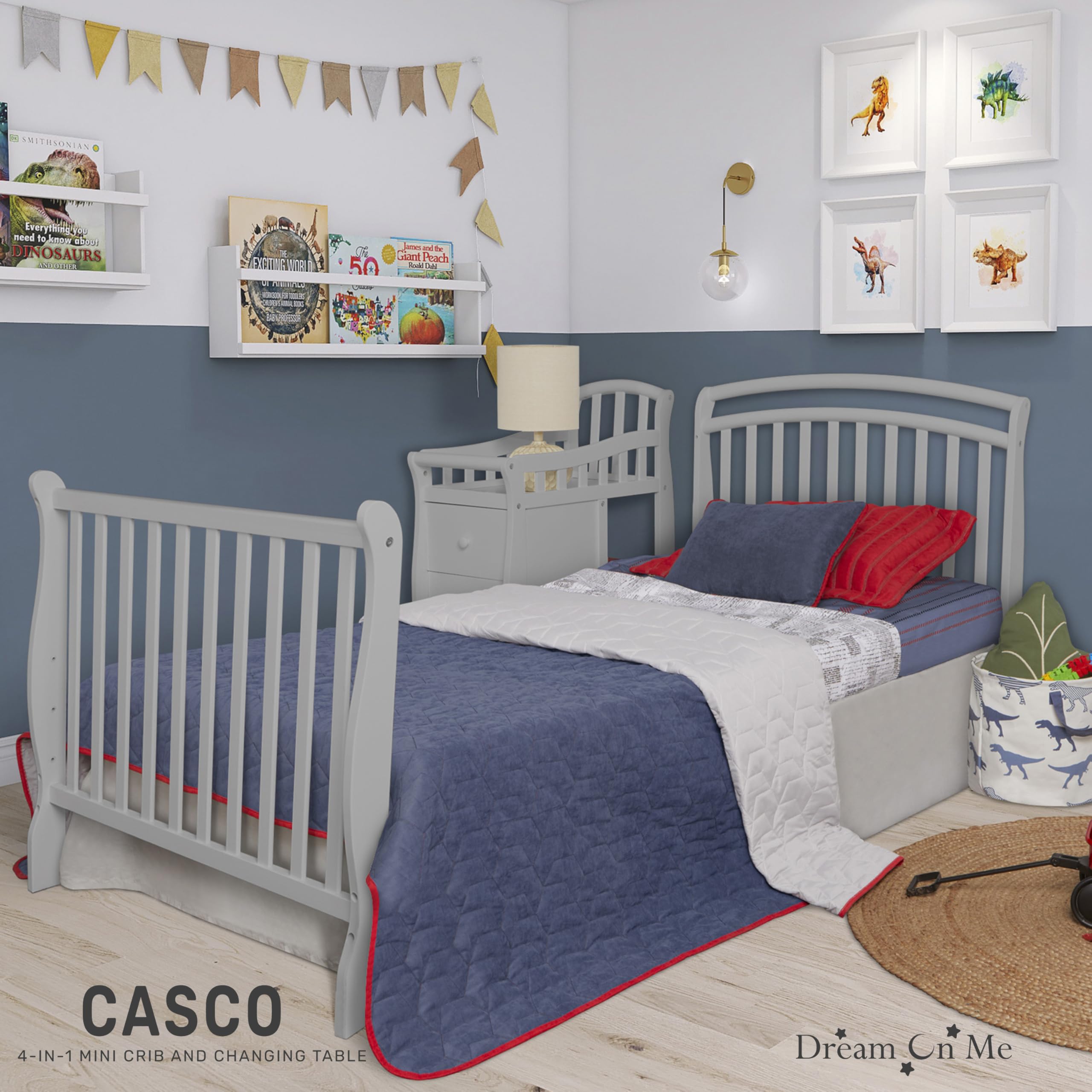 Dream On Me Casco 3-in-1 Convertible Mini Crib & Changing Table - Pebble Grey Pinewood Baby Crib with 3 Adjustable Mattress Heights | Nursery, Small Space & Travel Use