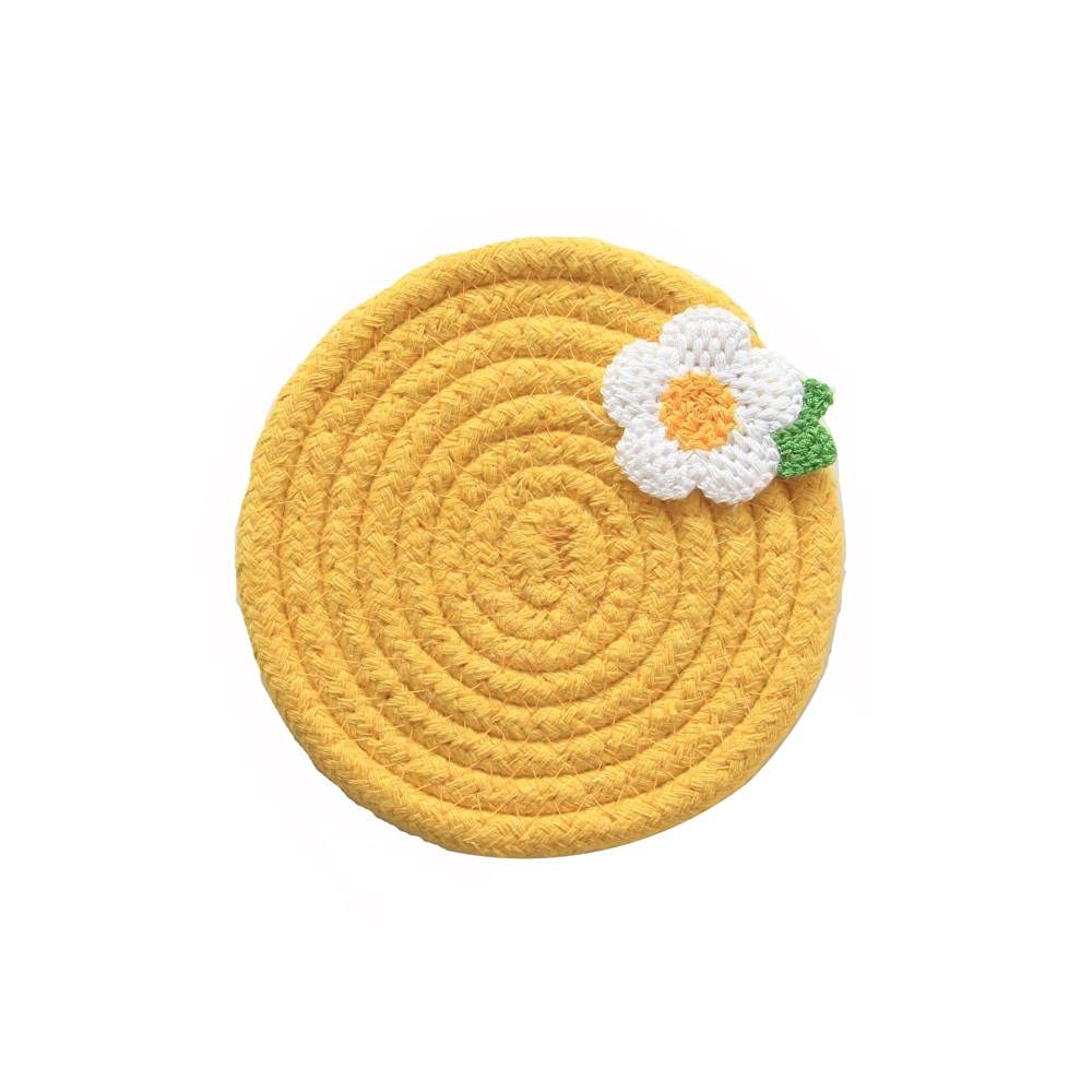 Japanese Insulated Small Flower Cup Coaster - Cotton Woven Bowl Pad for Hot Dishes (18cm, Yellow) | Heat Resistant Kitchen Accessory for Tea Cups, Bowls & Dining Table Decor