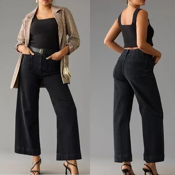 Curvachic High-Waisted Wide Leg Jeans with Tummy Control - Seamed Front Cropped Denim Pants for Women | Perfect for Casual Outfits, Office Wear & Night Out