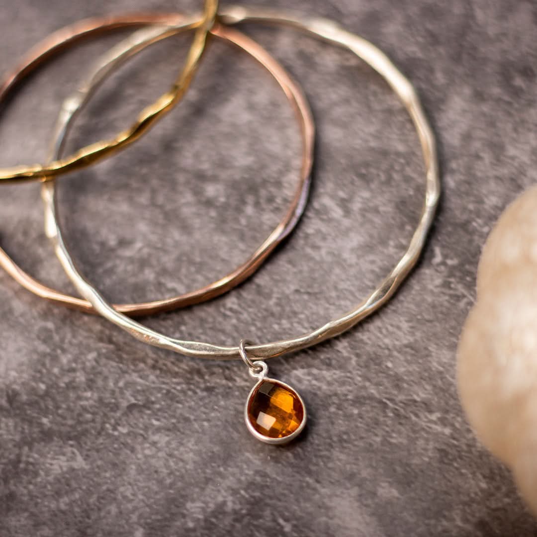 Citrine Charm Bangle Sterling Silver November Birthstone Jewelry - Perfect for Gifts, Birthdays & Special Occasions