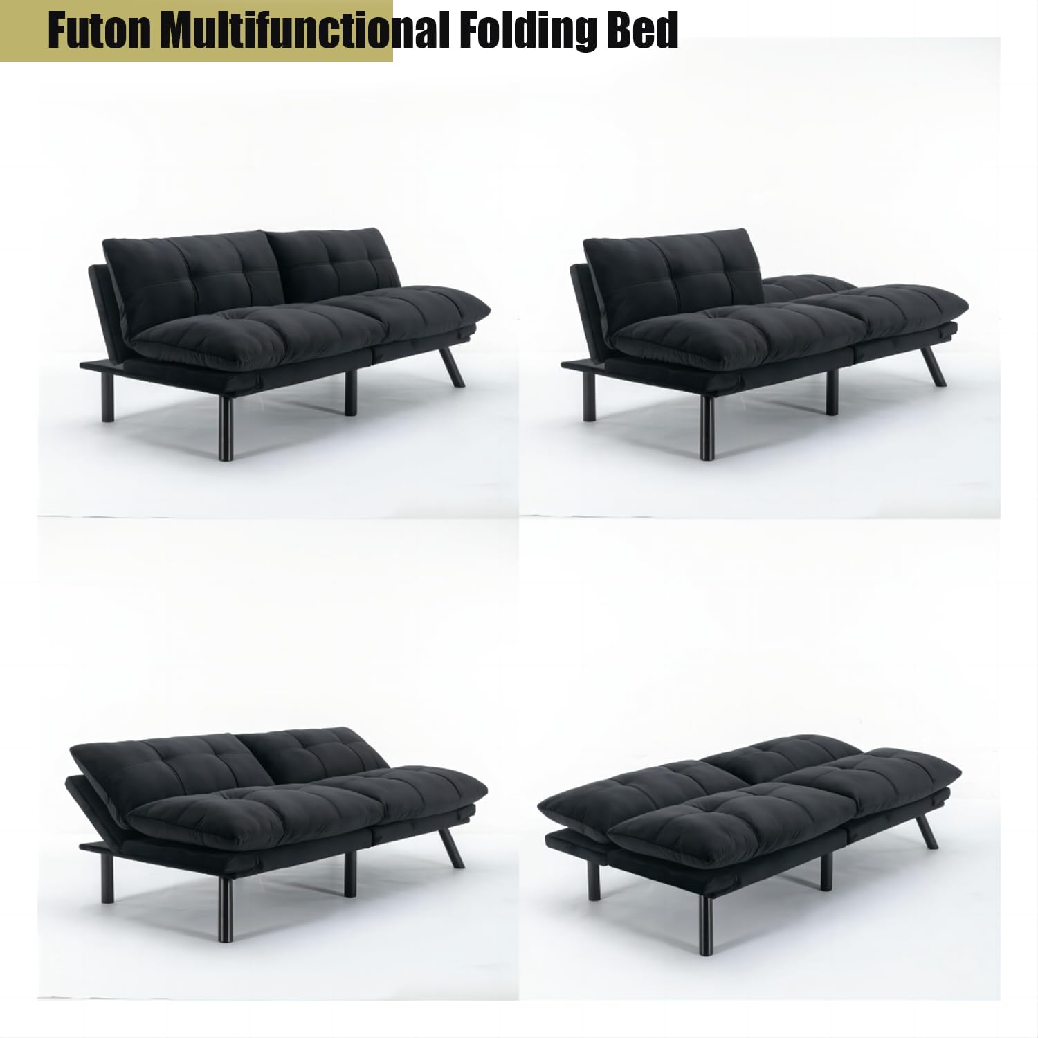 Convertible Futon Sofa Bed - Foldable Breathable Small Couch for Compact Spaces | Perfect for Studio Apartments, Living Rooms, Bedrooms, Offices & Dorm Rooms | Multi-Functional Loveseat (Black) - Great for Guest Sleeping, Relaxing & Small Space Living