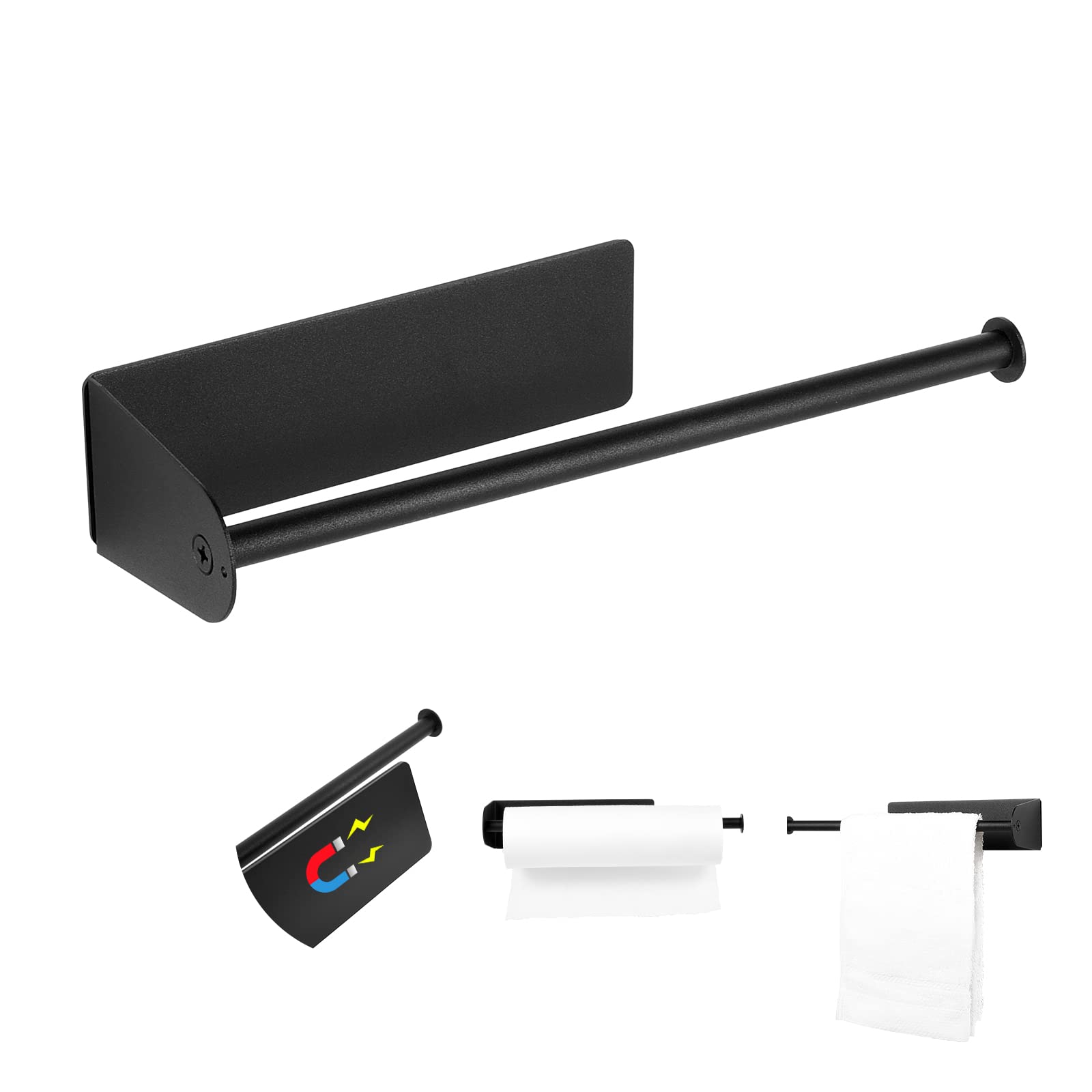 Magnetic Paper Towel Holder - Heavy Duty Steel Black Towel Roll Holder with Strong Magnetic Backing for Large Paper Towels - Perfect for Kitchen, Refrigerator, Grill, Garage & Workshop Organization