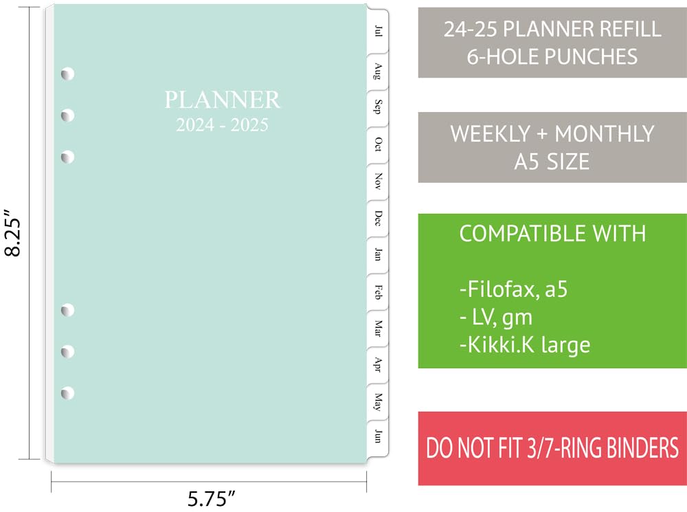 Newestor 2024-2025 Planner Refill - Weekly & Monthly Calendar from July 2024 to June 2025 - 6-Hole Punched for A5 Ring Binder - Perfect for Office, School, and Personal Organization