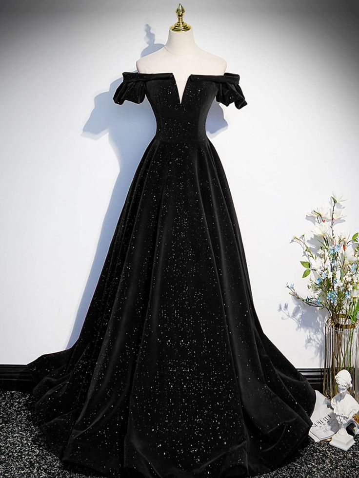 Black Sparkling Off Shoulder A-Line Velvet Long Prom Dress J4278 - Elegant Formal Gown for Homecoming, Evening Parties & Special Occasions