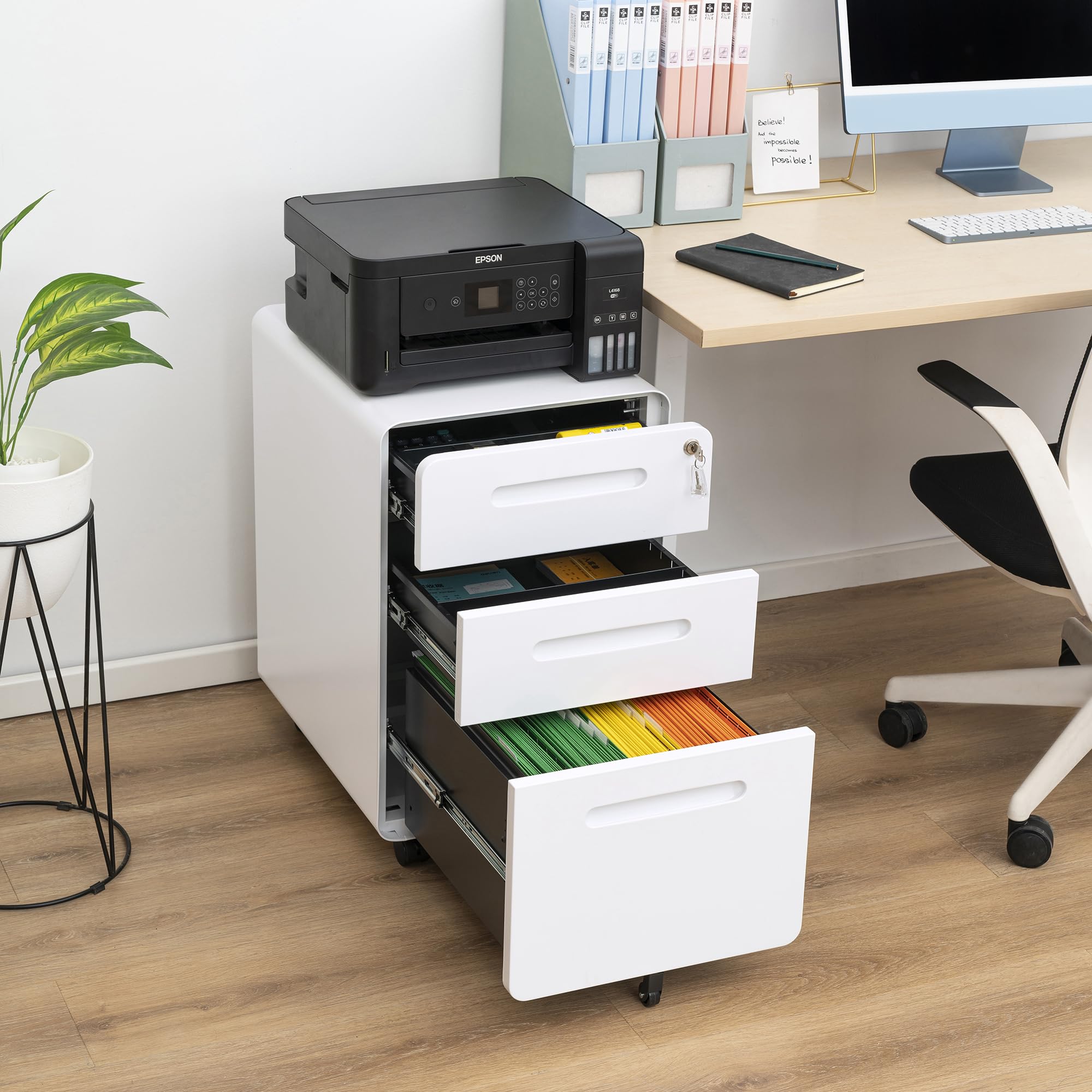 3-Drawer Mobile File Cabinet with Lock - Under Desk Metal Filing Cabinet for Home & Office - Fits Legal, Letter & A4 Files - Fully Assembled (Except Wheels) - White - Perfect for Small Spaces & Organization