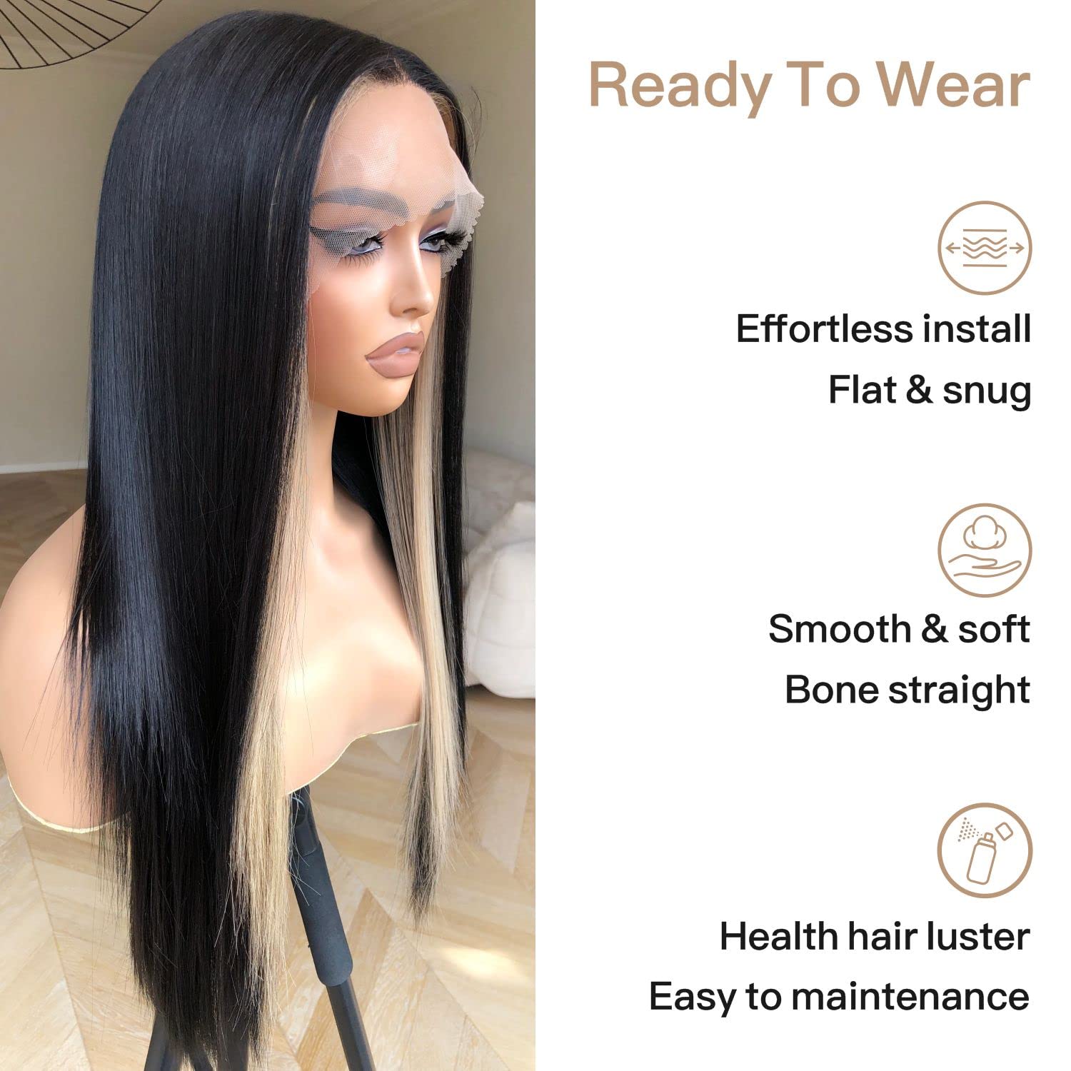 13x5x1 HD Glueless Synthetic Lace Front Wig for Women - 180 Density 26inch Skunk Stripe Black & Blonde Pre-Plucked Ready to Wear Wig | Perfect for Cosplay, Halloween Costumes, and Fashion Styling