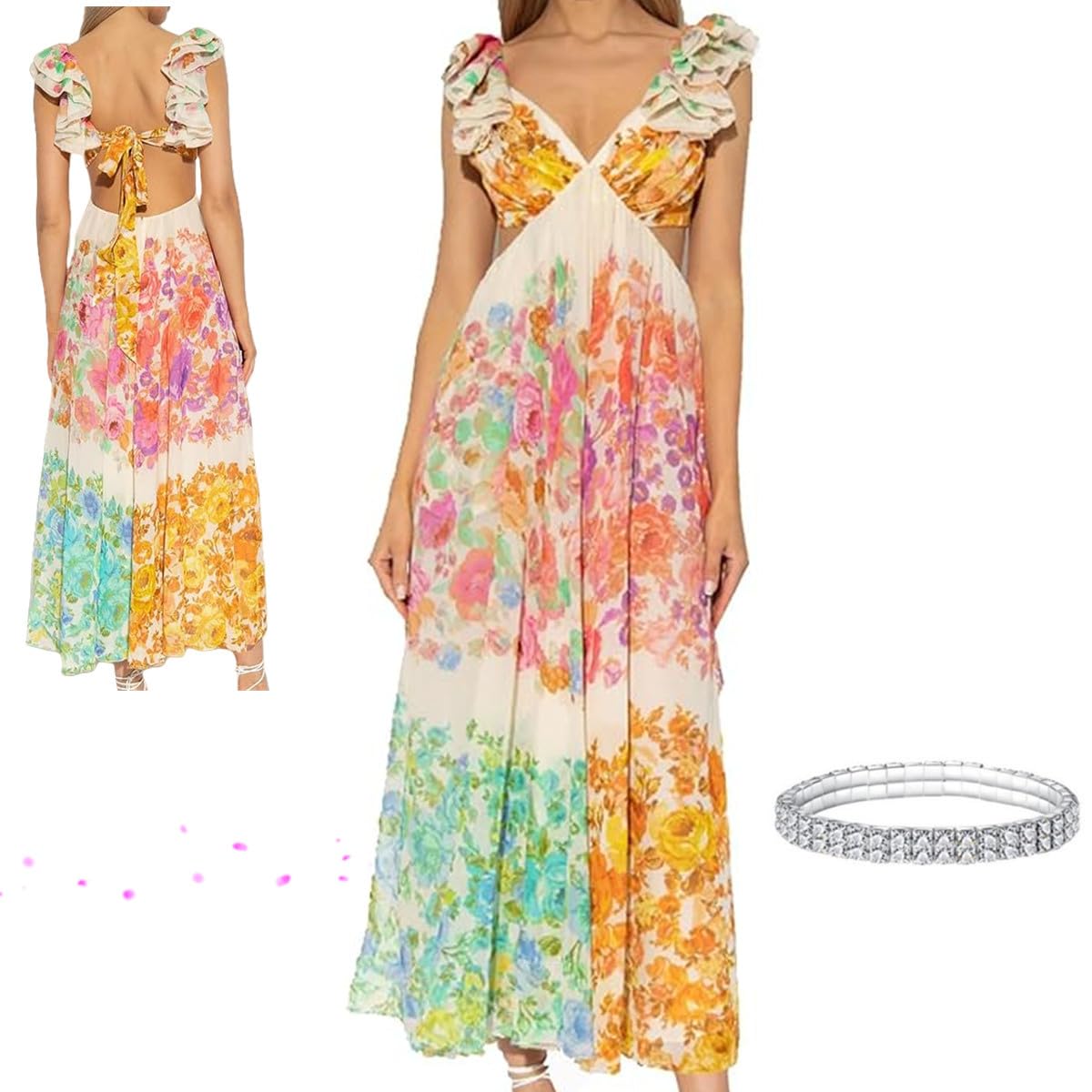 Aurelio Floral Summer Dress for Women - Boho Flowy V-Neck Midi Dress with Smocked Waist, Spring Fall Wedding Guest Dress | Perfect for Beach Vacations, Garden Parties & Special Occasions