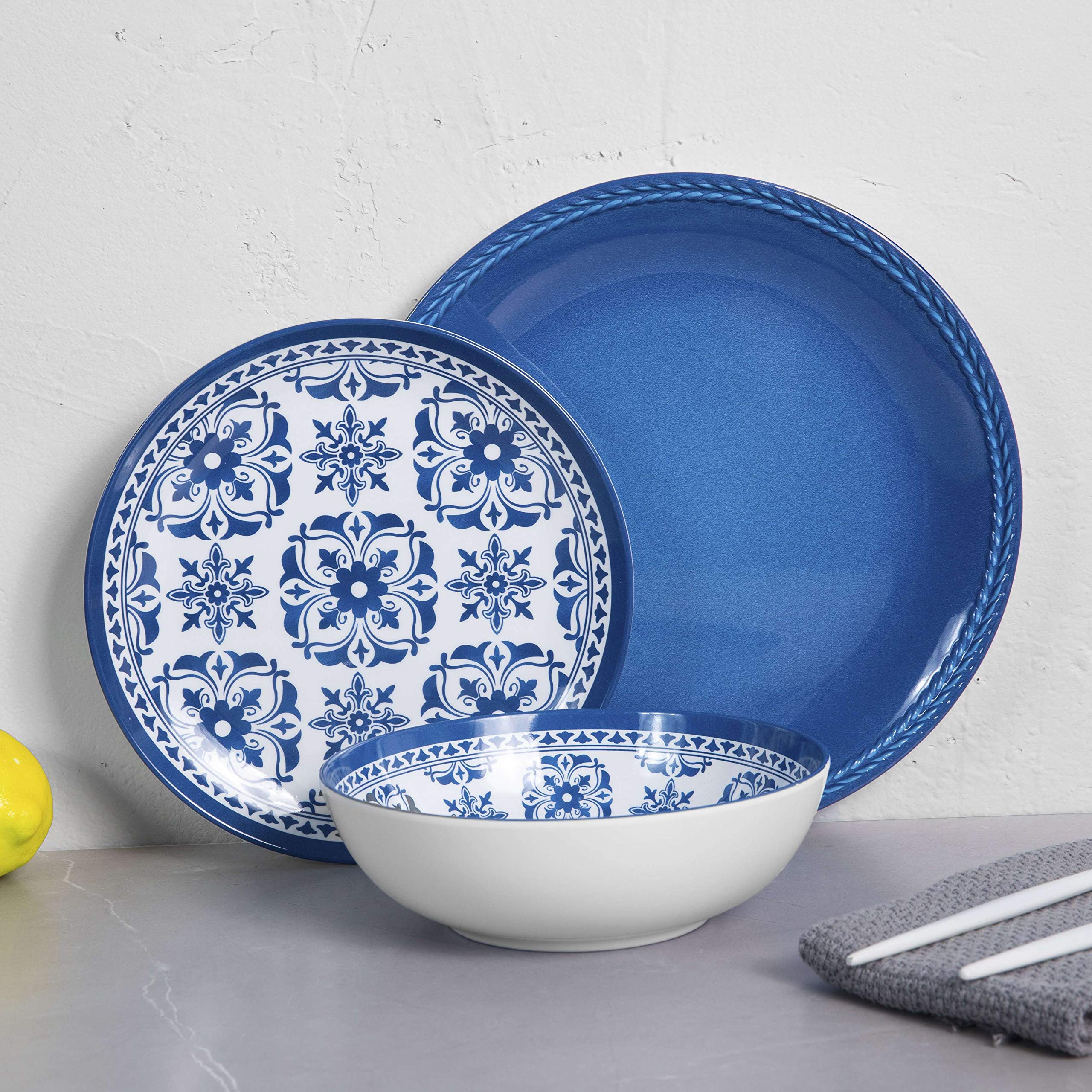 12-Piece Melamine Dinnerware Set - Durable Plates & Bowls for 4 People, Dishwasher Safe Blue Floral Design - Perfect for Outdoor Picnics, Indoor Dining, and Camping Trips
