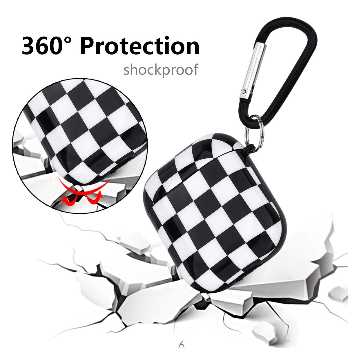Cute Marble Protective Case Cover with Keychain for Apple AirPods 1/2/Pro - Compatible with Wireless Charging, Stylish Durable Skin for Men & Women (Black White Checkers) - Perfect for Travel, Gym & Daily Use