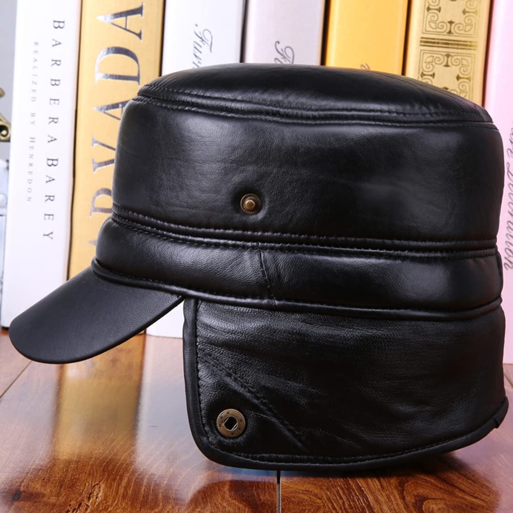 Men's Genuine Leather Baseball Cap with Ear Flaps - Windproof Winter Trapper Hunting Hat for Outdoor Activities, Military Style Driving Cap for Cold Weather Protection (Hunting, Camping, Snow Sports)