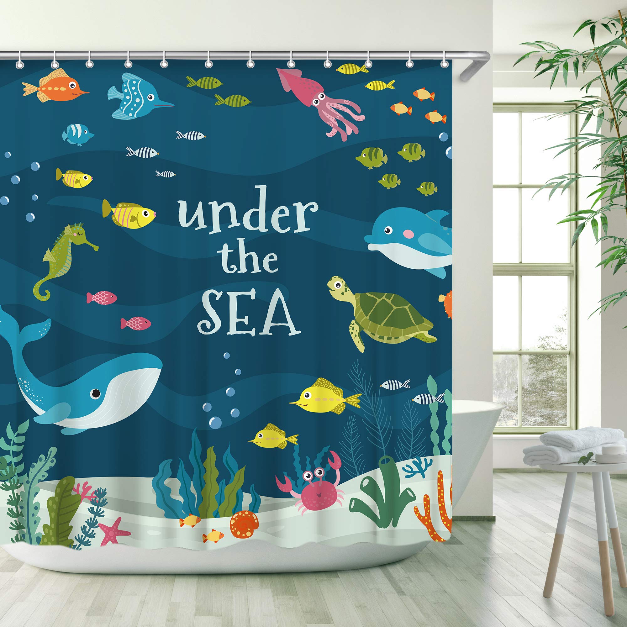 RosieLily Kids Ocean Theme Shower Curtain - 72x72 Inch Shark & Underwater Decor Bathroom Set with 12 Hooks | Waterproof Boys Bath Curtain for Beach Style Bathroom | Perfect for Kids' Bathrooms, Nursery Decor & Themed Birthday Parties