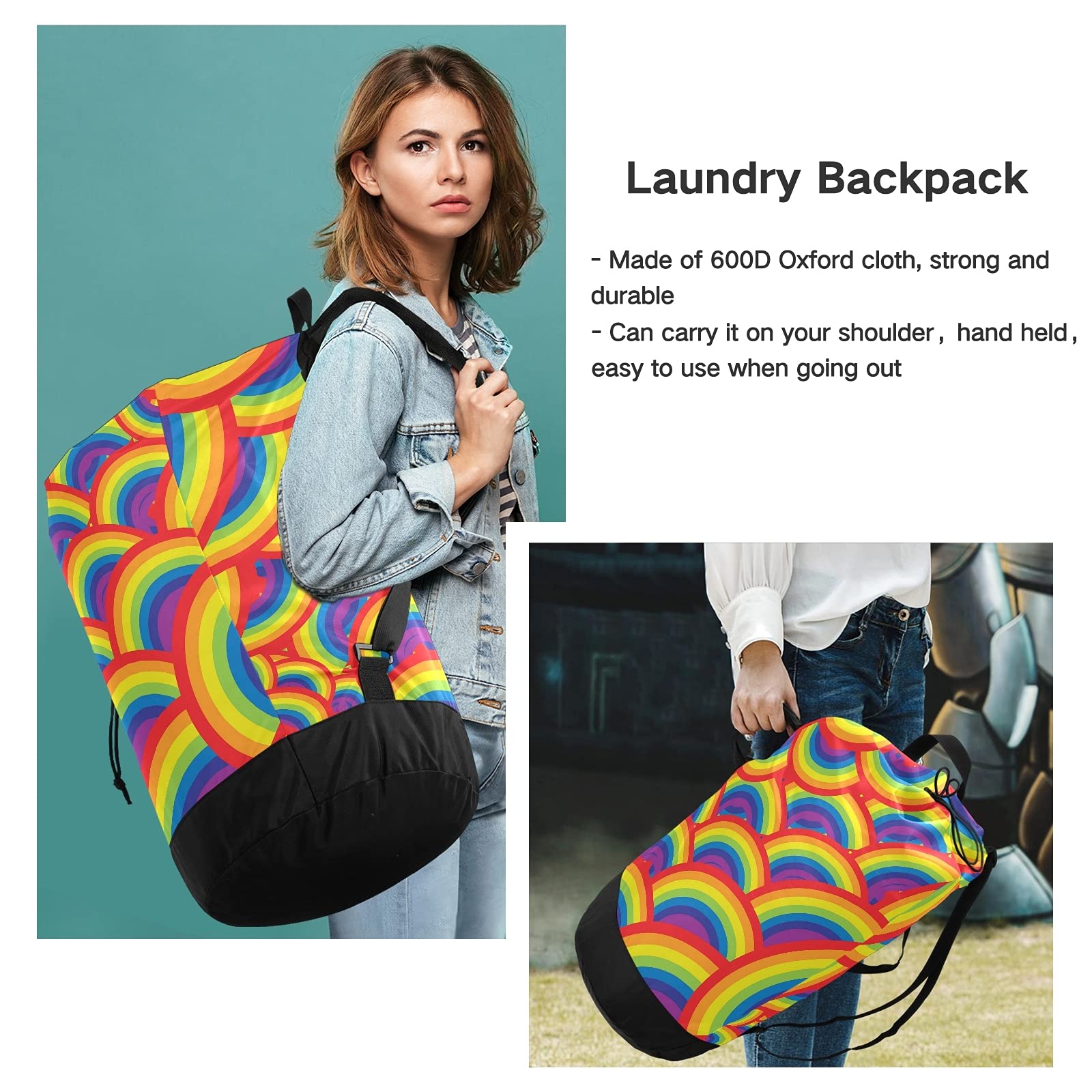 Abstract Rainbow Seamless Backpack Laundry Bag with Adjustable Straps - Drawstring Hamper for Dirty Clothes & Toy Storage - Perfect for Dorm, Travel & Camping