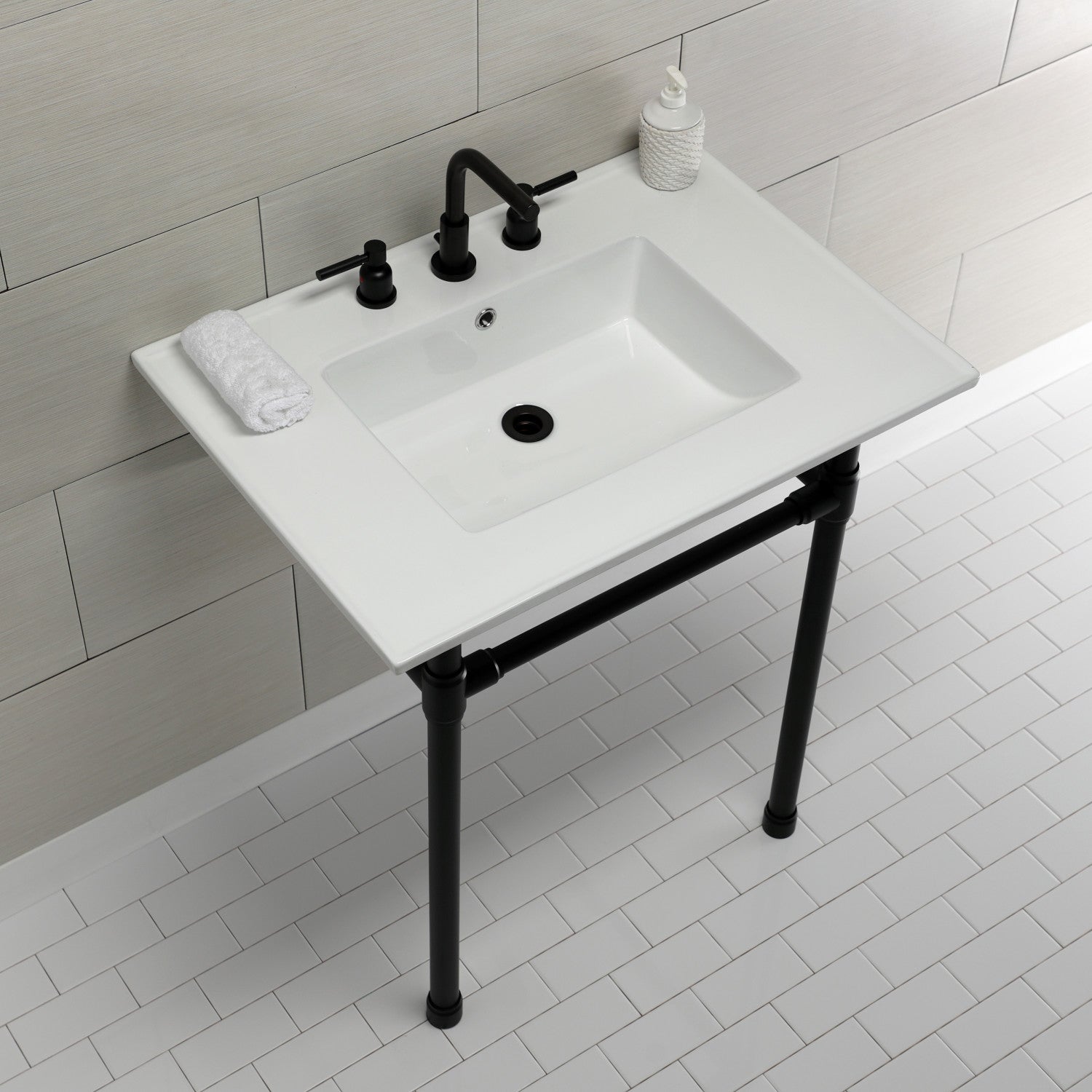 Dreyfuss 31 Inch White Ceramic Farmhouse Bathroom Sink with Stainless Steel Legs - 8 Inch, 3 Hole Faucet Mount - Perfect for Modern Farmhouse, Rustic & Vintage Style Bathrooms