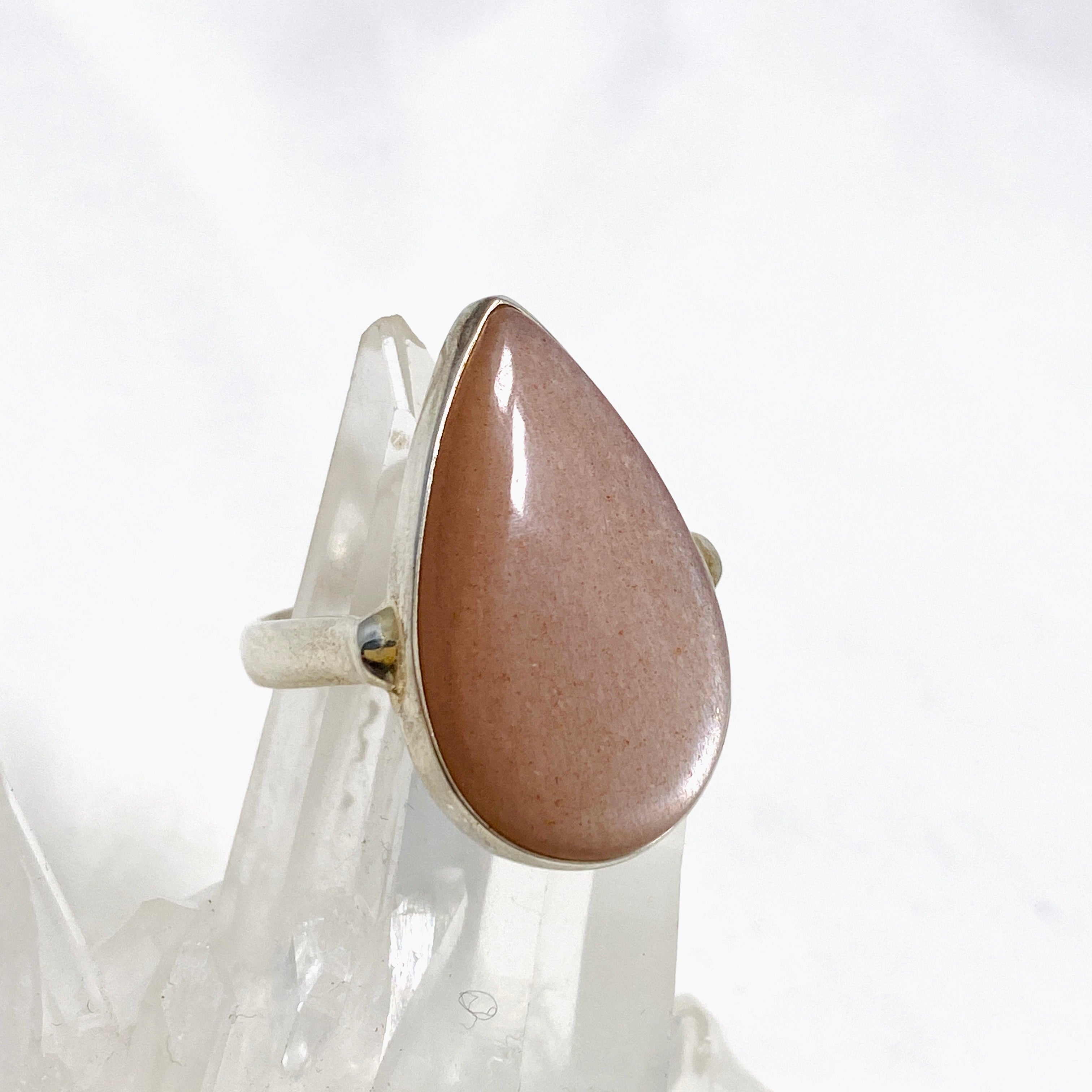Natural Peach Moonstone Teardrop Ring - Size 11 Silver Jewelry KRGJ2200 | Elegant Boho Gift for Women, Perfect for Weddings & Date Nights