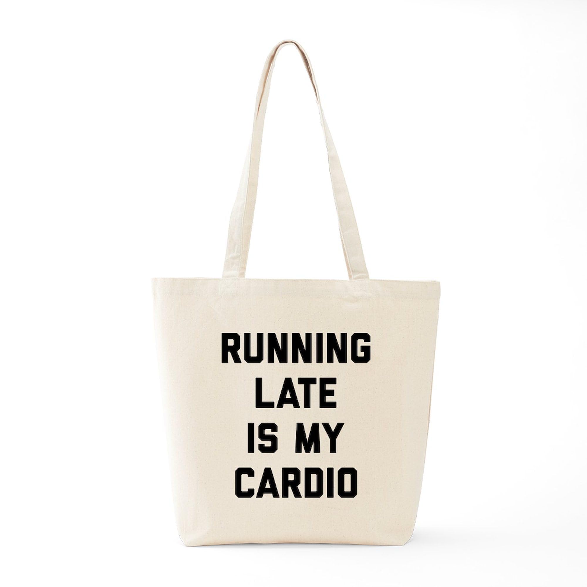 Running Late Is My Cardio Tote Bag - Natural Canvas Reusable Shopping Bag for Gym, Work & Groceries | Funny Gym Bag for Women & Men