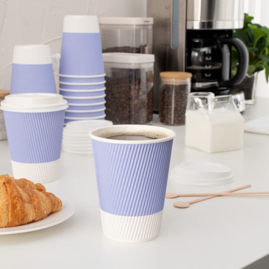 12oz Insulated Coffee Cups with Lids - 200 Pack Leakproof Ripple Wall Hot Cups | Disposable Paper Cups for Tea, Hot Chocolate & Lattes | Durable, Non-Slip Light Purple Design | Perfect for Coffee Shops, Offices & Catering Events
