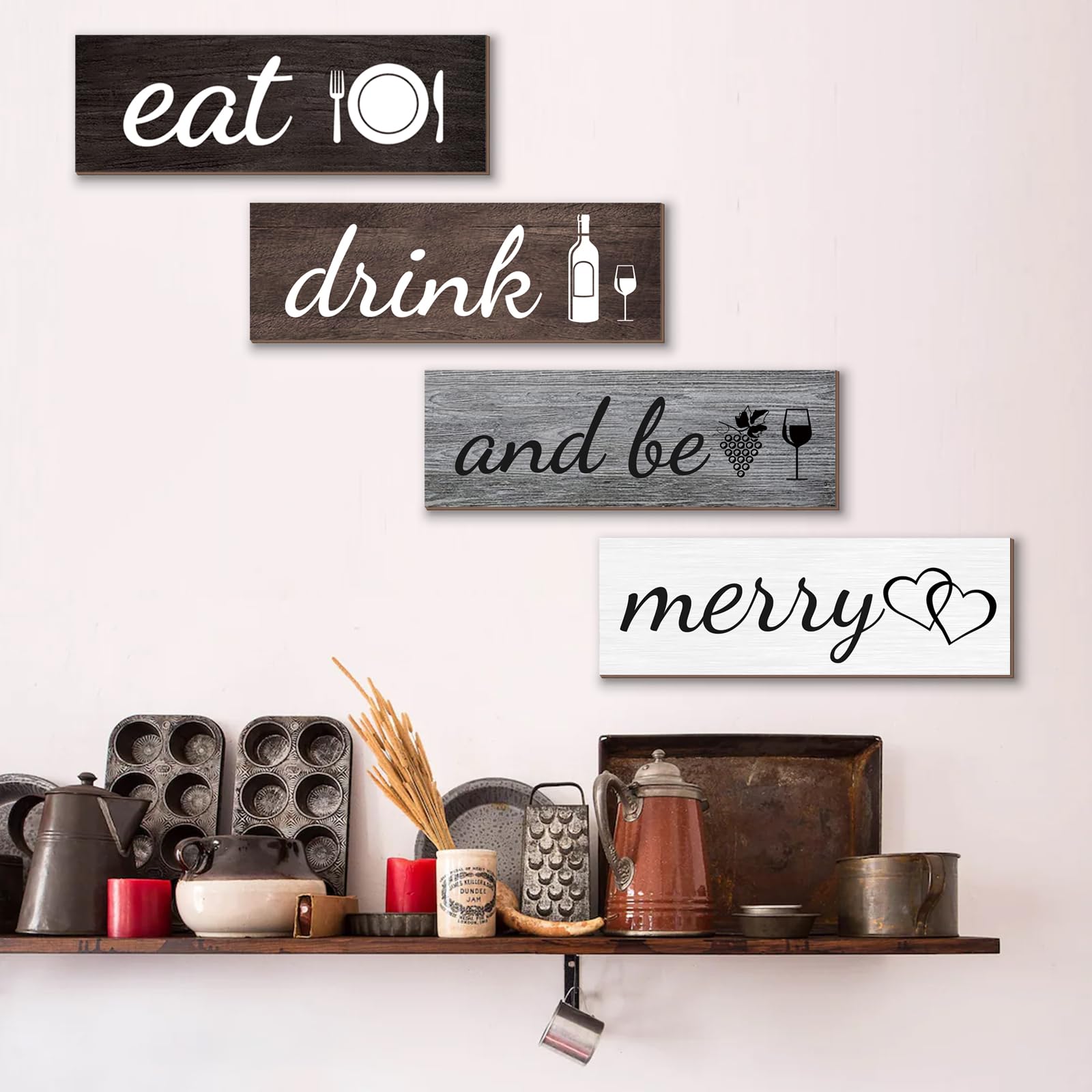Joyhawk 4-Piece Rustic Farmhouse Kitchen Decor Set - Wooden 'Eat' & 'Drink and Be Merry' Wall Art Signs for Dining Room & Home - Perfect for Country Style Kitchens, Restaurants, and Farmhouse Themed Weddings