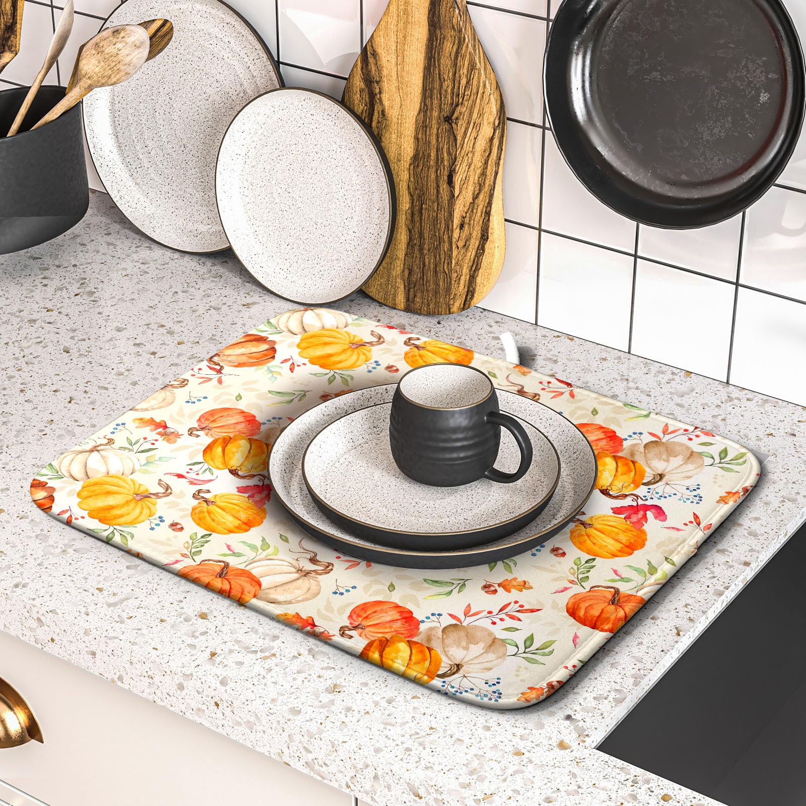 Fall Dish Drying Mat - Absorbent Reversible Microfiber 16x18 Inch for Kitchen & Coffee Bar