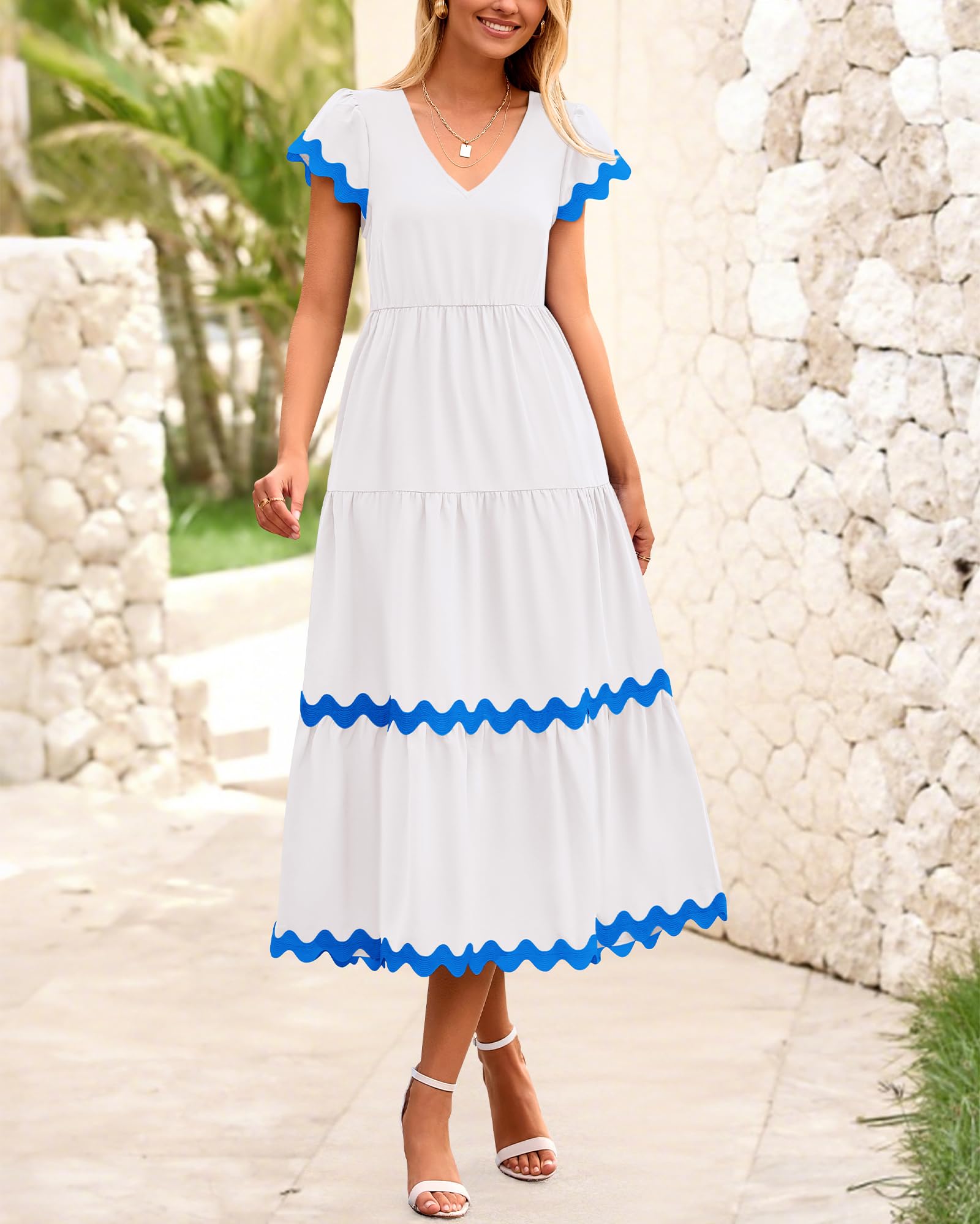 BTFBM Women's Flowy V-Neck Cap Sleeve Midi Dress with Pockets - Spring Summer Beach Vacation Dress 2025 - Perfect for Seaside Getaways, Garden Parties & Casual Outings