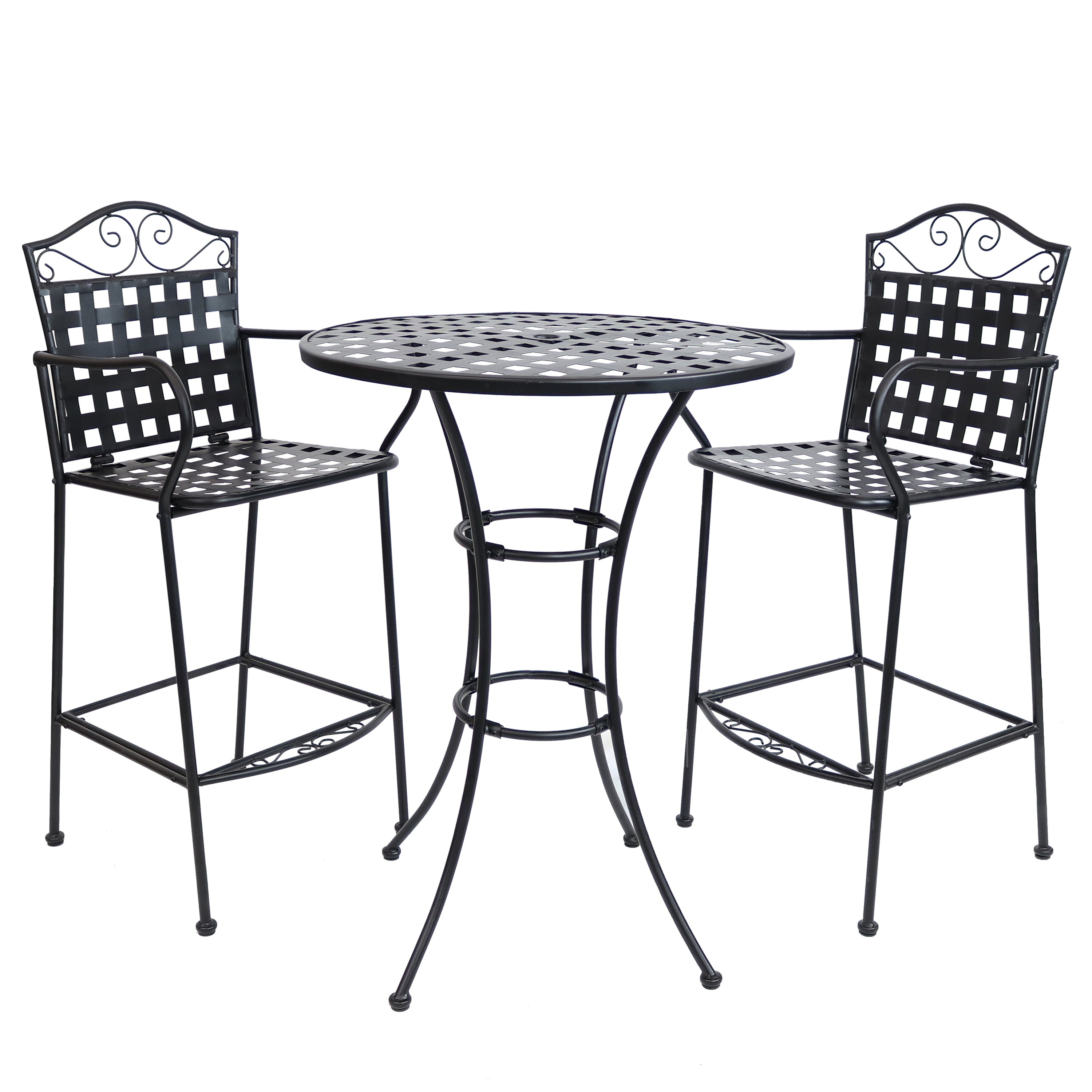 Sunnydaze Outdoor Black Scrolling Wrought Iron Bar Chair and Table Set - Patio Bistro Set for Garden, Poolside, and Restaurant Outdoor Seating