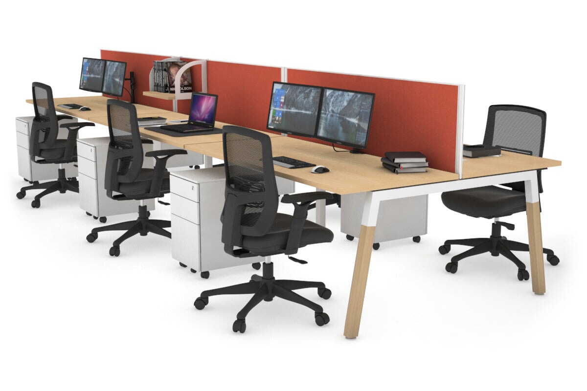 Quadro A Legs 6-Person Office Workstation with Wood Legs & Cross Beam [1600L x 700W] - Perfect for Collaborative Workspaces, Conference Rooms & Open Office Layouts