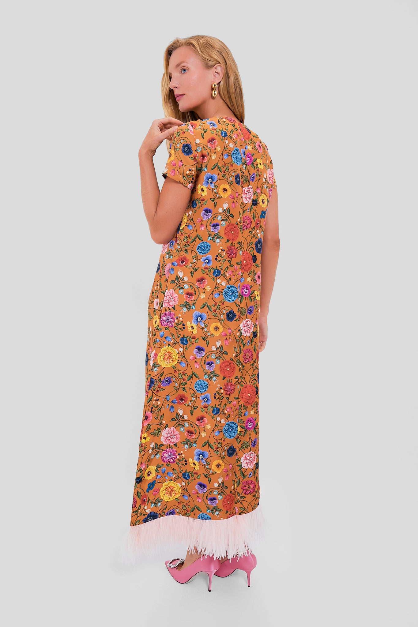 Botticelli Rust Short Sleeve Swing Dress with Feathers - Flowy Summer Dress for Women, Boho Chic Feather Trim Dress - Perfect for Beach Vacations, Date Nights & Outdoor Parties